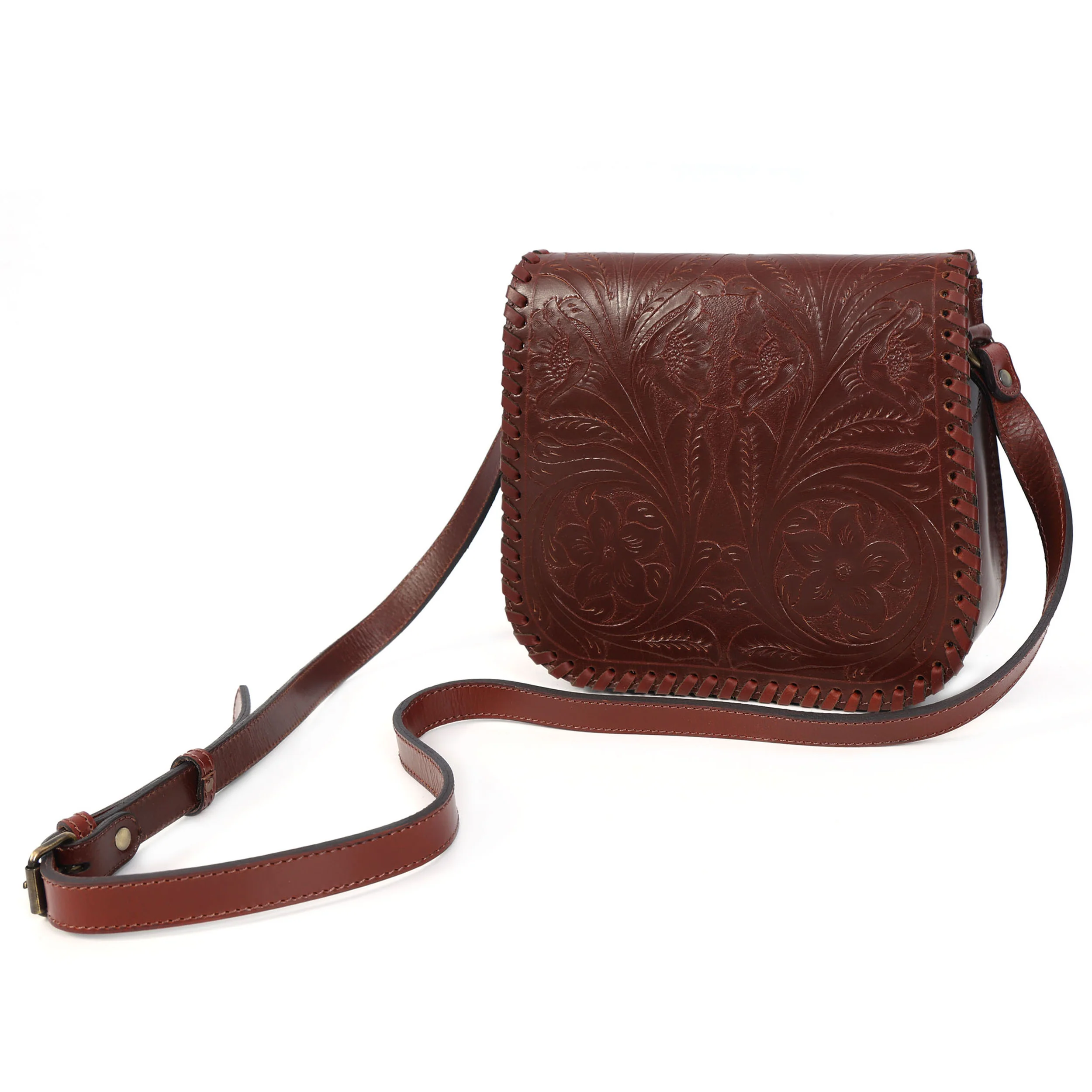 Handcrafted Black Embossed Leather Sling Bag with Magnetic Closure & Adjustable Strap - Image 14