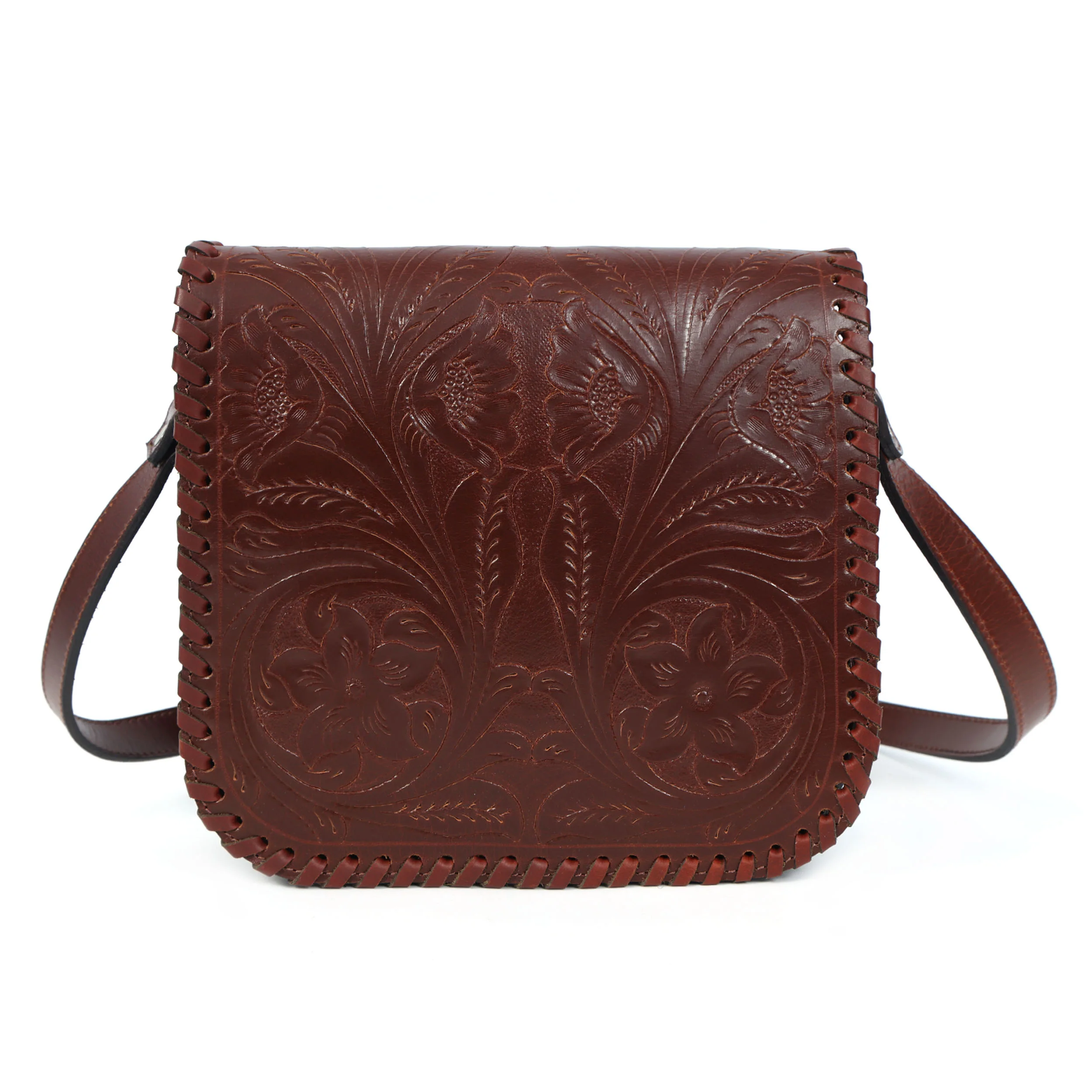 Handcrafted Black Embossed Leather Sling Bag with Magnetic Closure & Adjustable Strap - Image 19