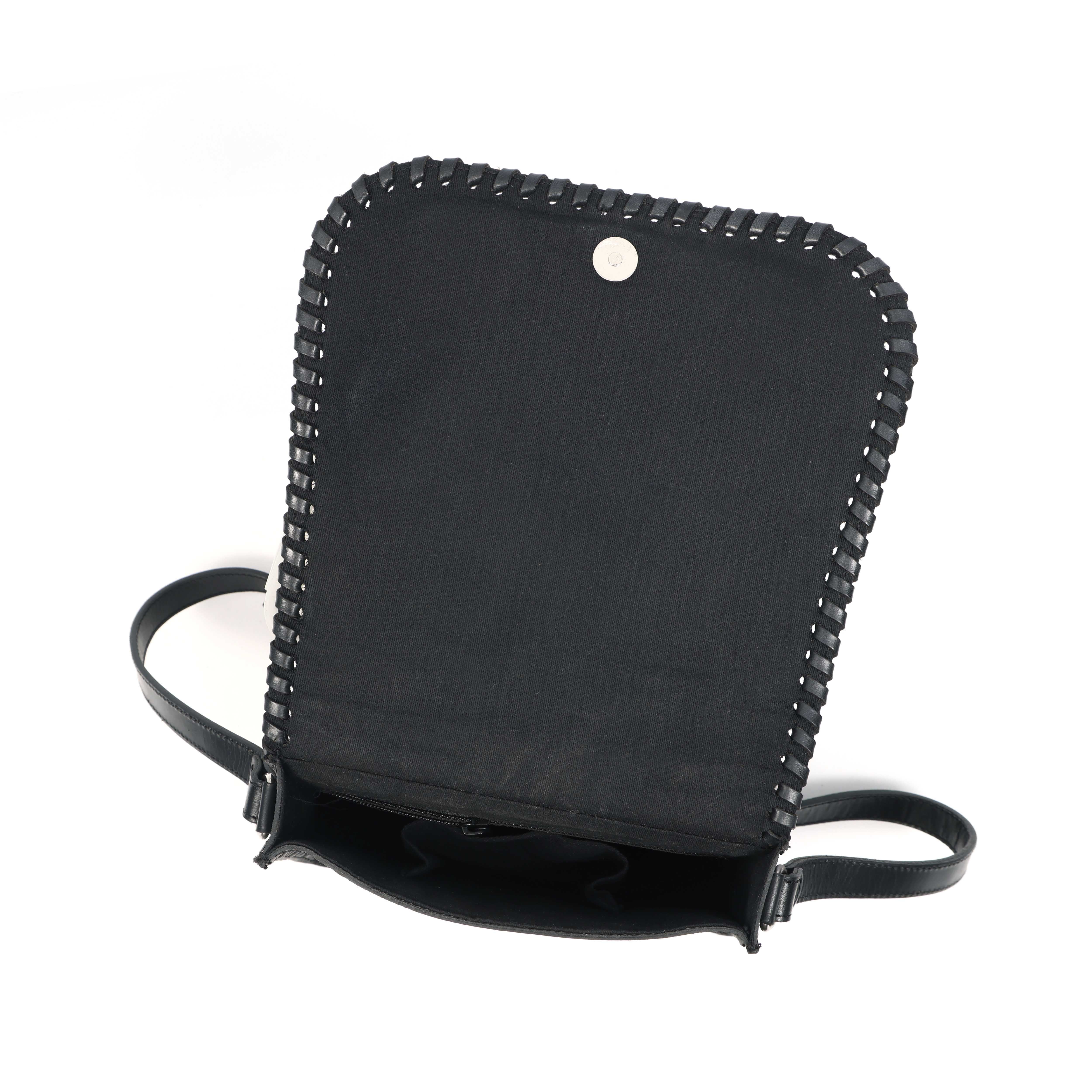 Handcrafted Black Embossed Leather Sling Bag with Magnetic Closure & Adjustable Strap - Image 3
