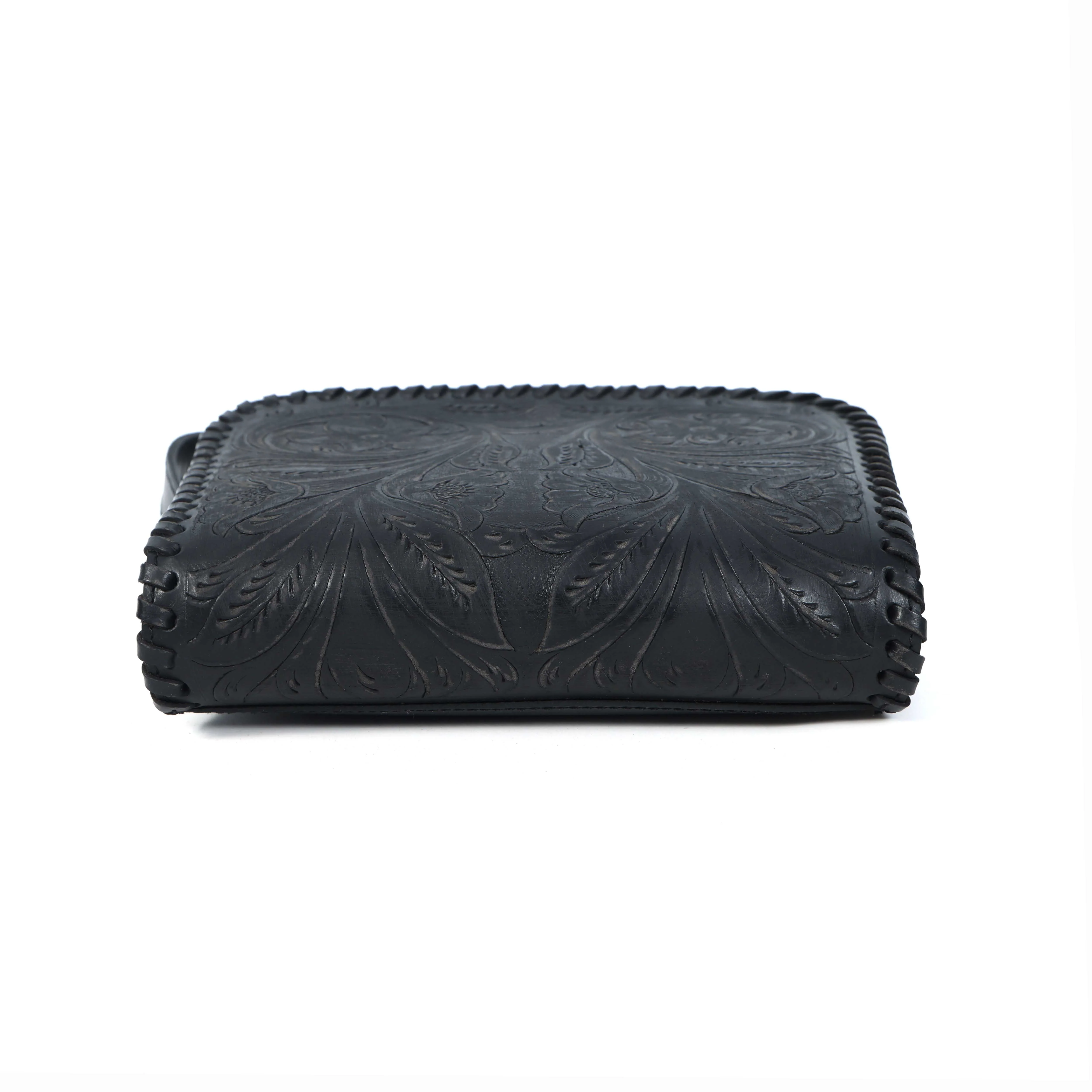 Handcrafted Black Embossed Leather Sling Bag with Magnetic Closure & Adjustable Strap - Image 5