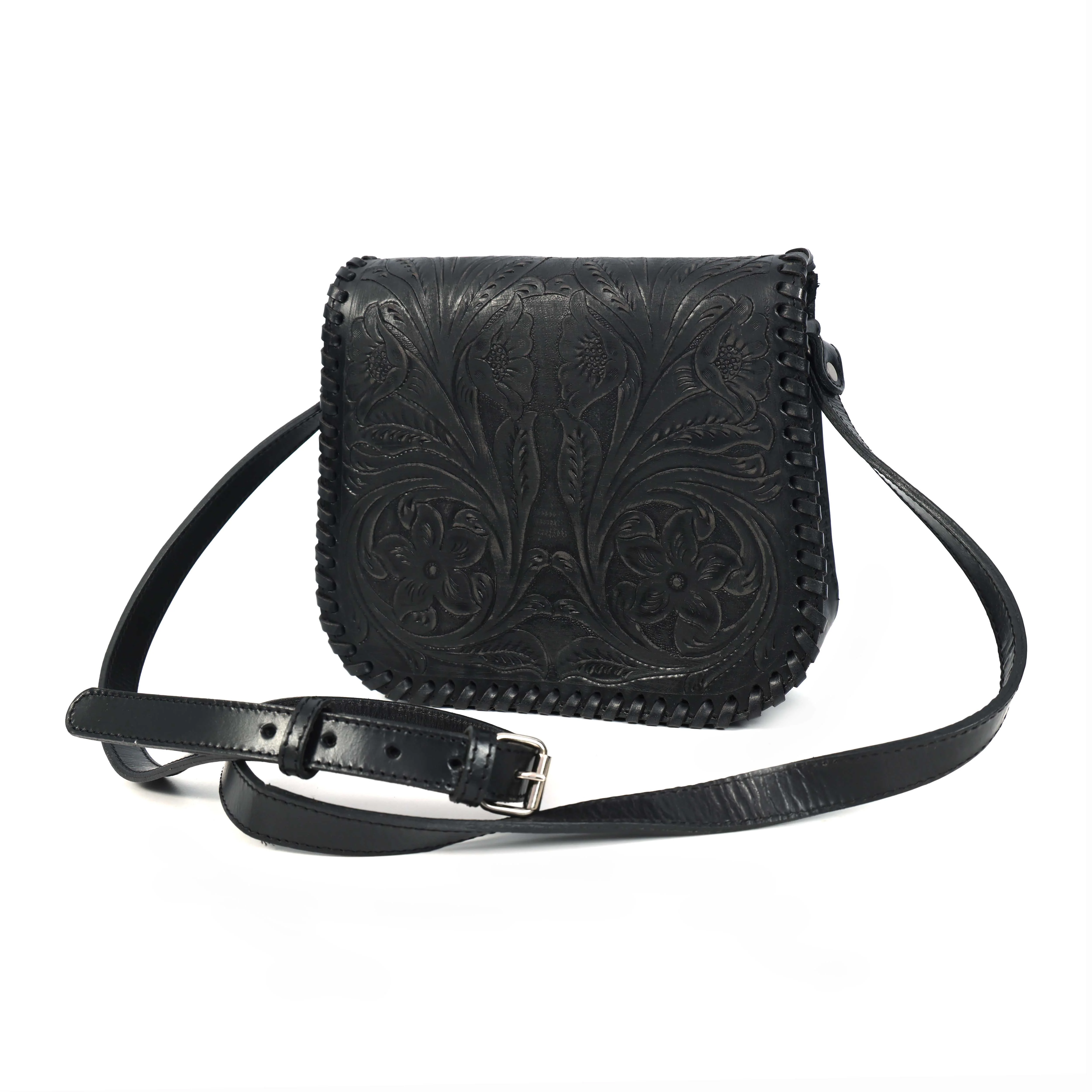 Handcrafted Black Embossed Leather Sling Bag with Magnetic Closure & Adjustable Strap - Image 6