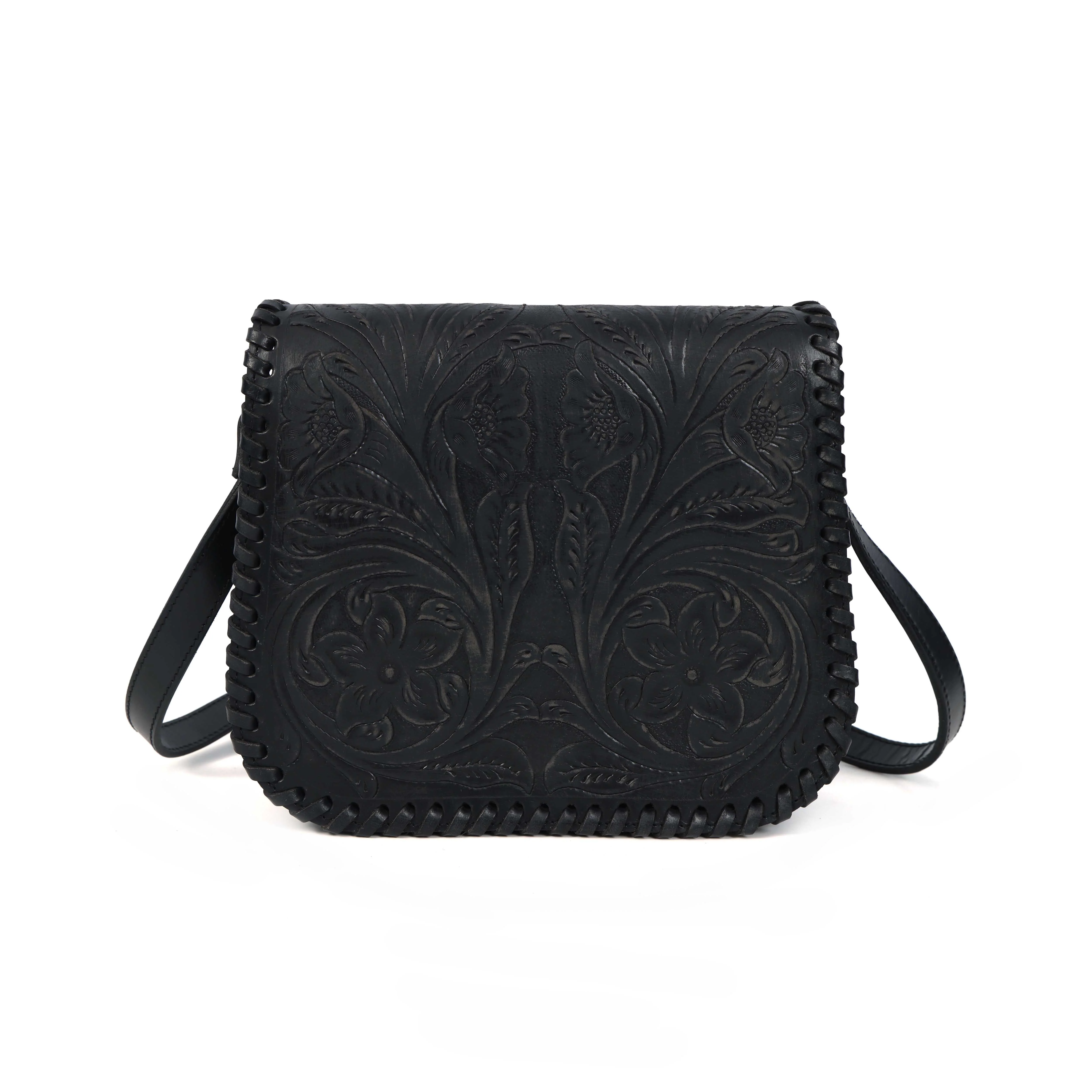 Handcrafted Black Embossed Leather Sling Bag with Magnetic Closure & Adjustable Strap - Image 7