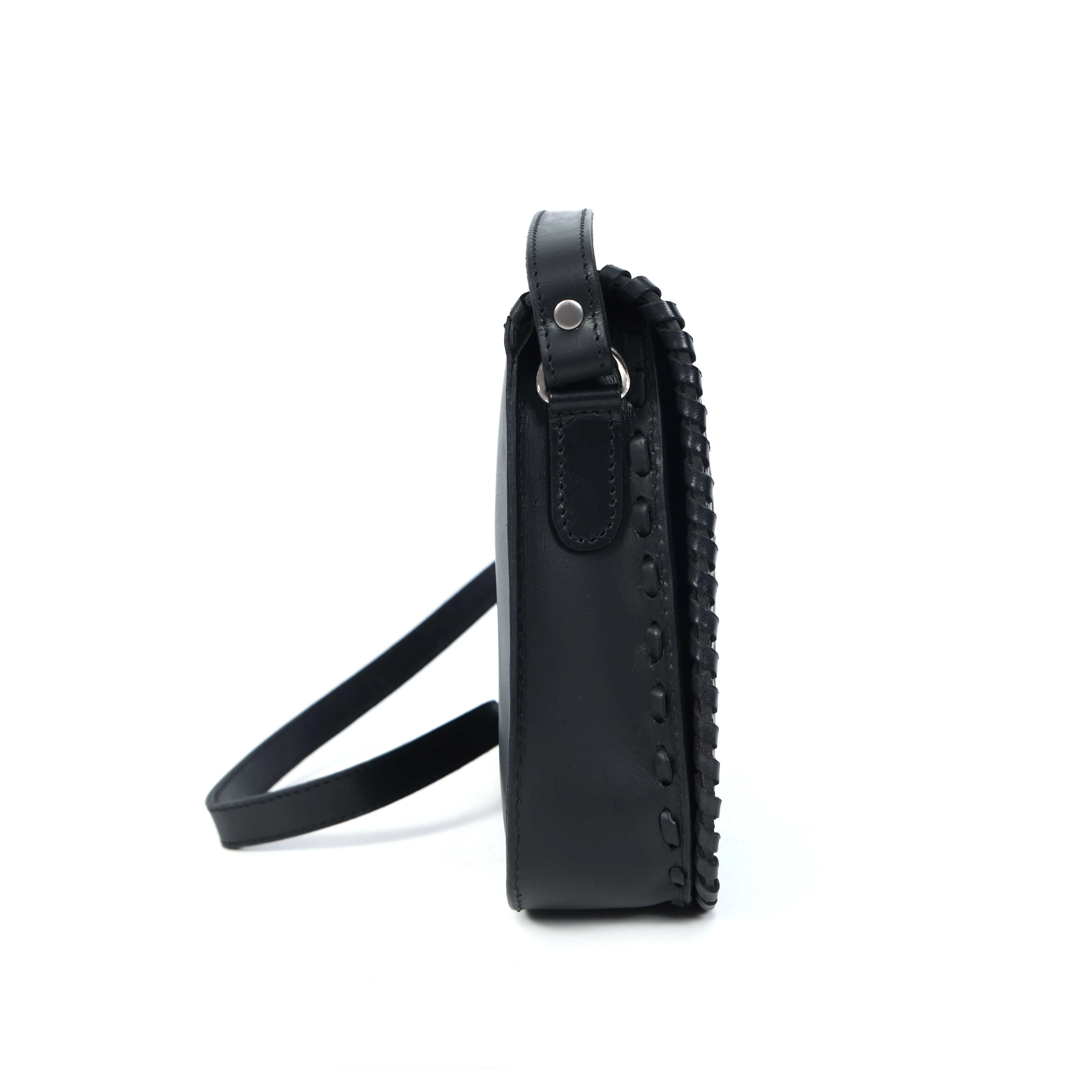 Handcrafted Black Embossed Leather Sling Bag with Magnetic Closure & Adjustable Strap - Image 8