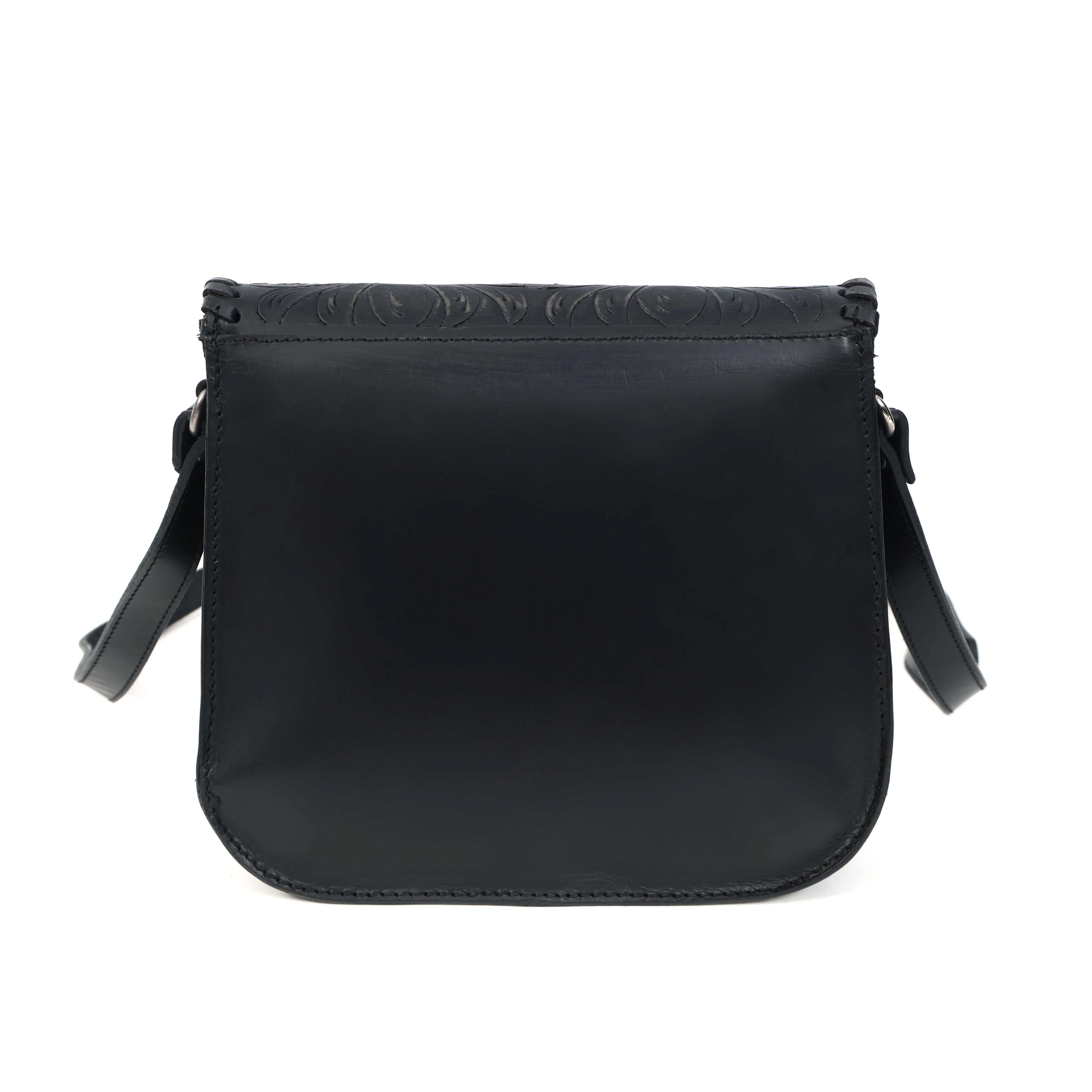 Handcrafted Black Embossed Leather Sling Bag with Magnetic Closure & Adjustable Strap - Image 9