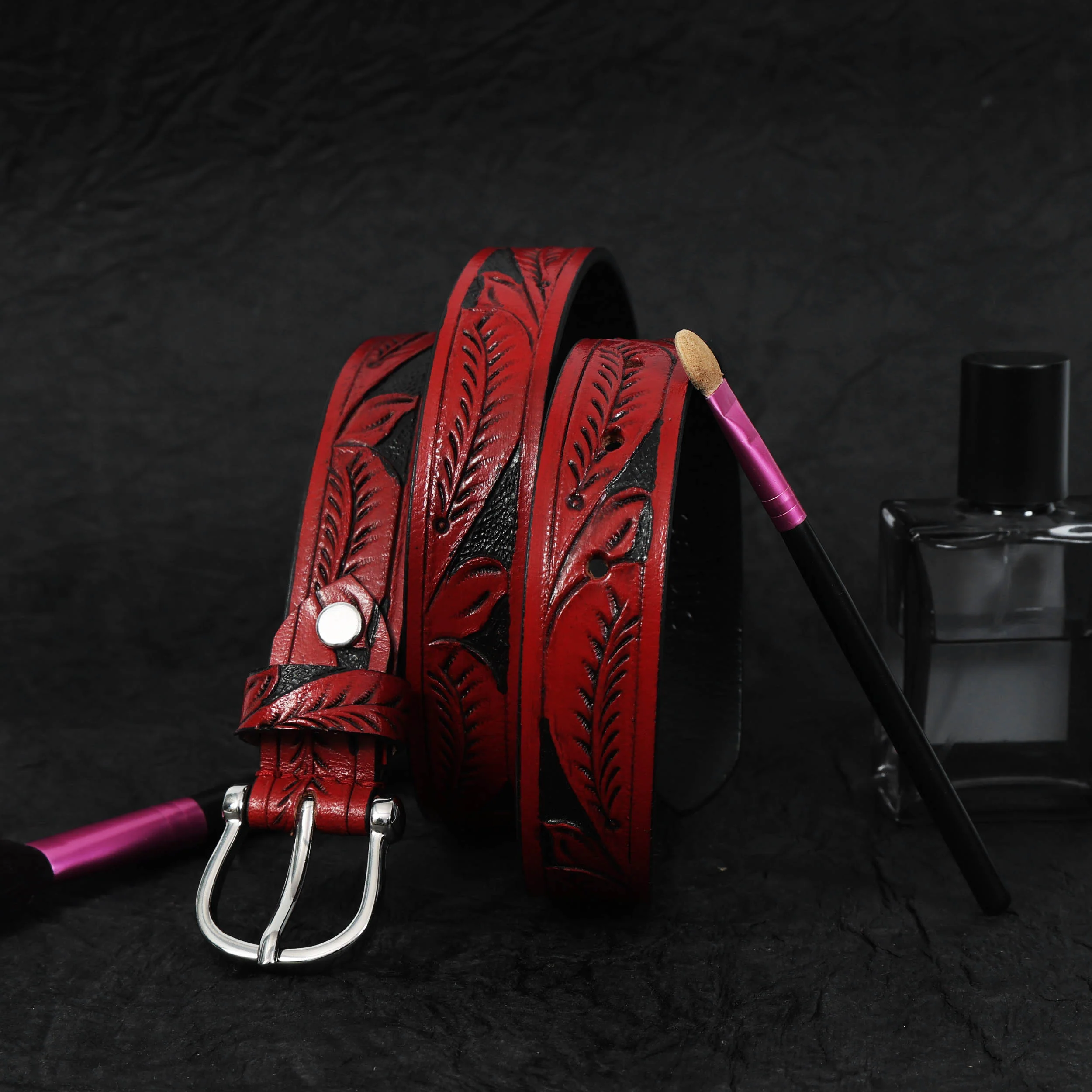 Premium Genuine Leather Red Leaf Embossed Western Casual Waistbelt Silver Buckle - Image 2