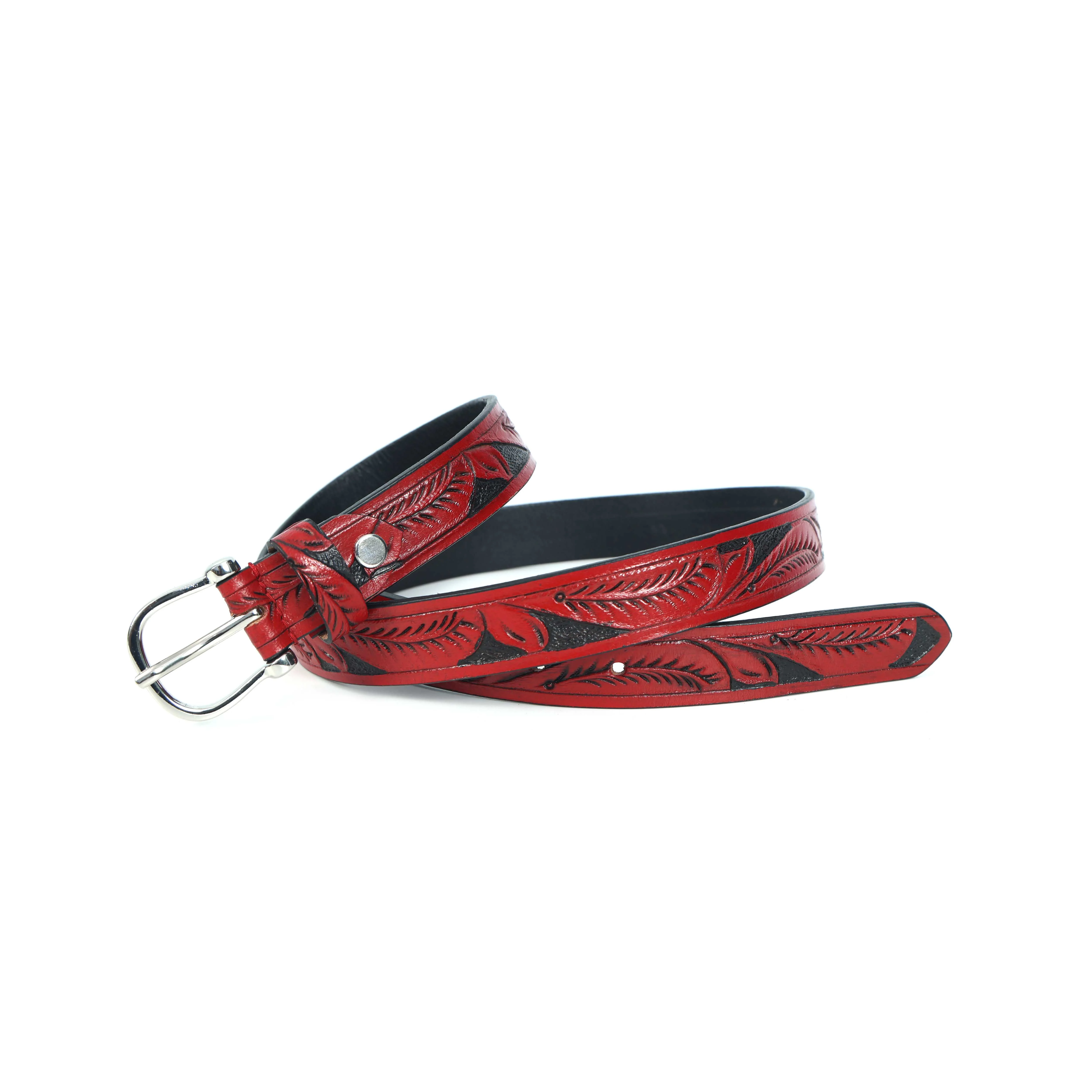 Premium Genuine Leather Red Leaf Embossed Western Casual Waistbelt Silver Buckle - Image 3