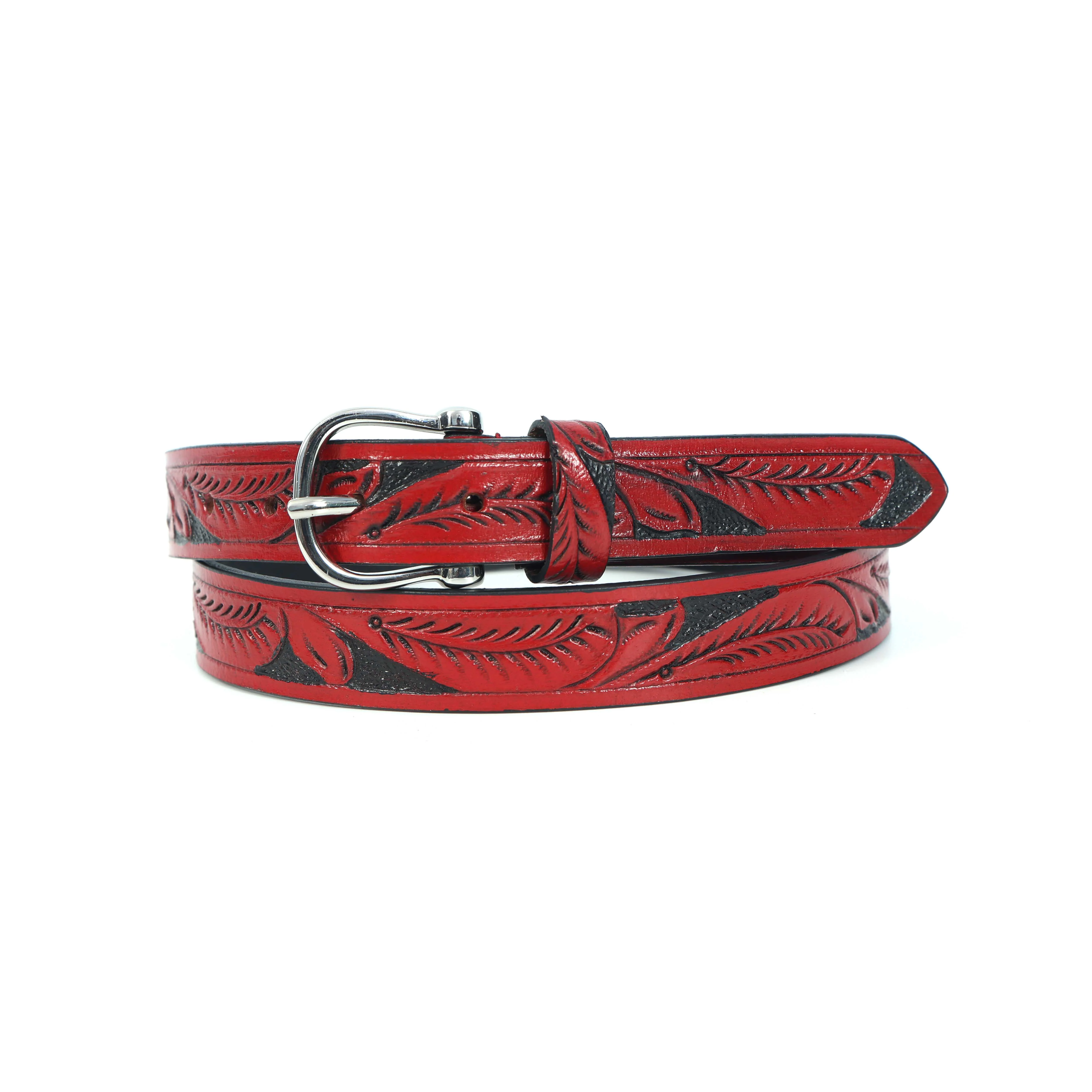Premium Genuine Leather Red Leaf Embossed Western Casual Waistbelt Silver Buckle - Image 4