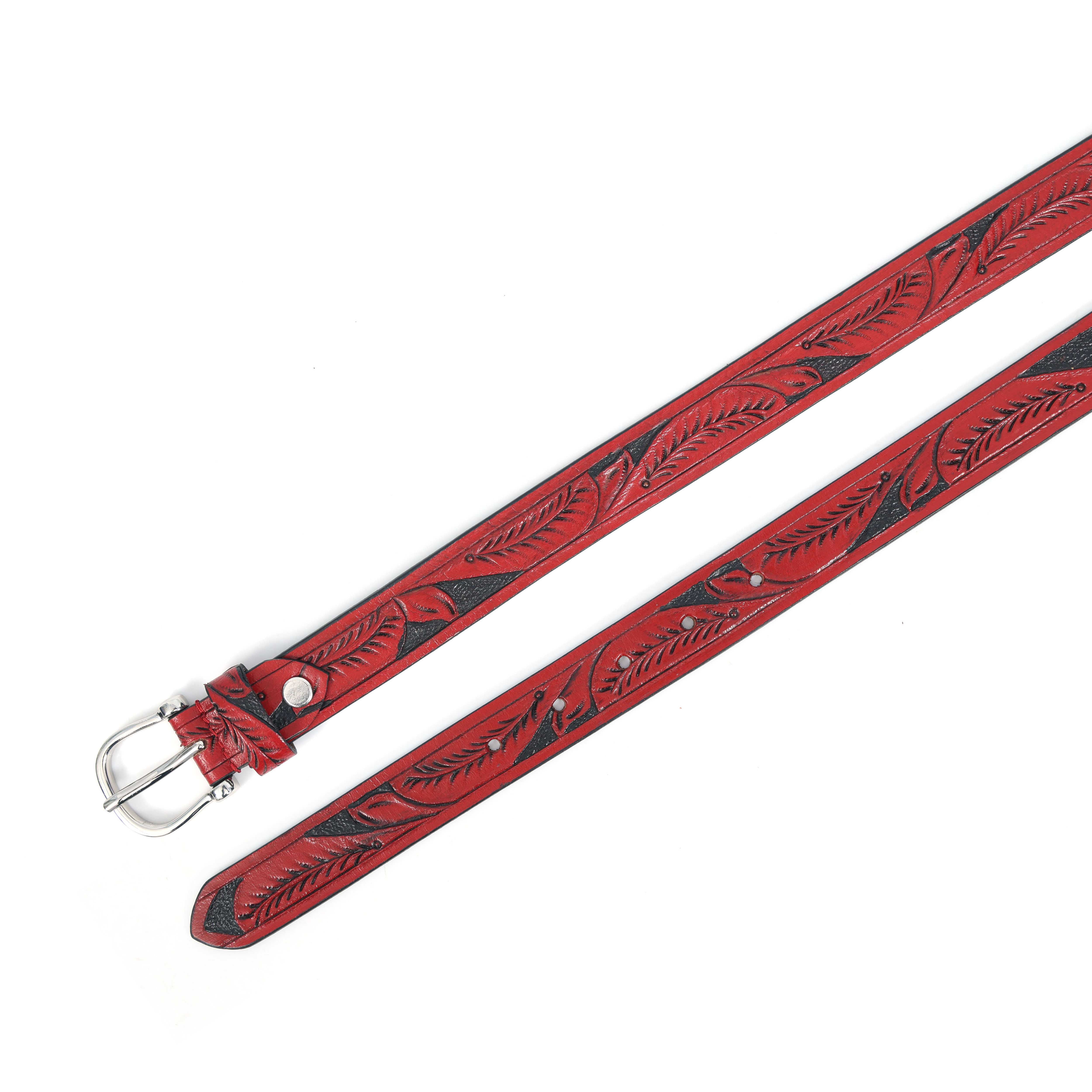 Premium Genuine Leather Red Leaf Embossed Western Casual Waistbelt Silver Buckle - Image 5