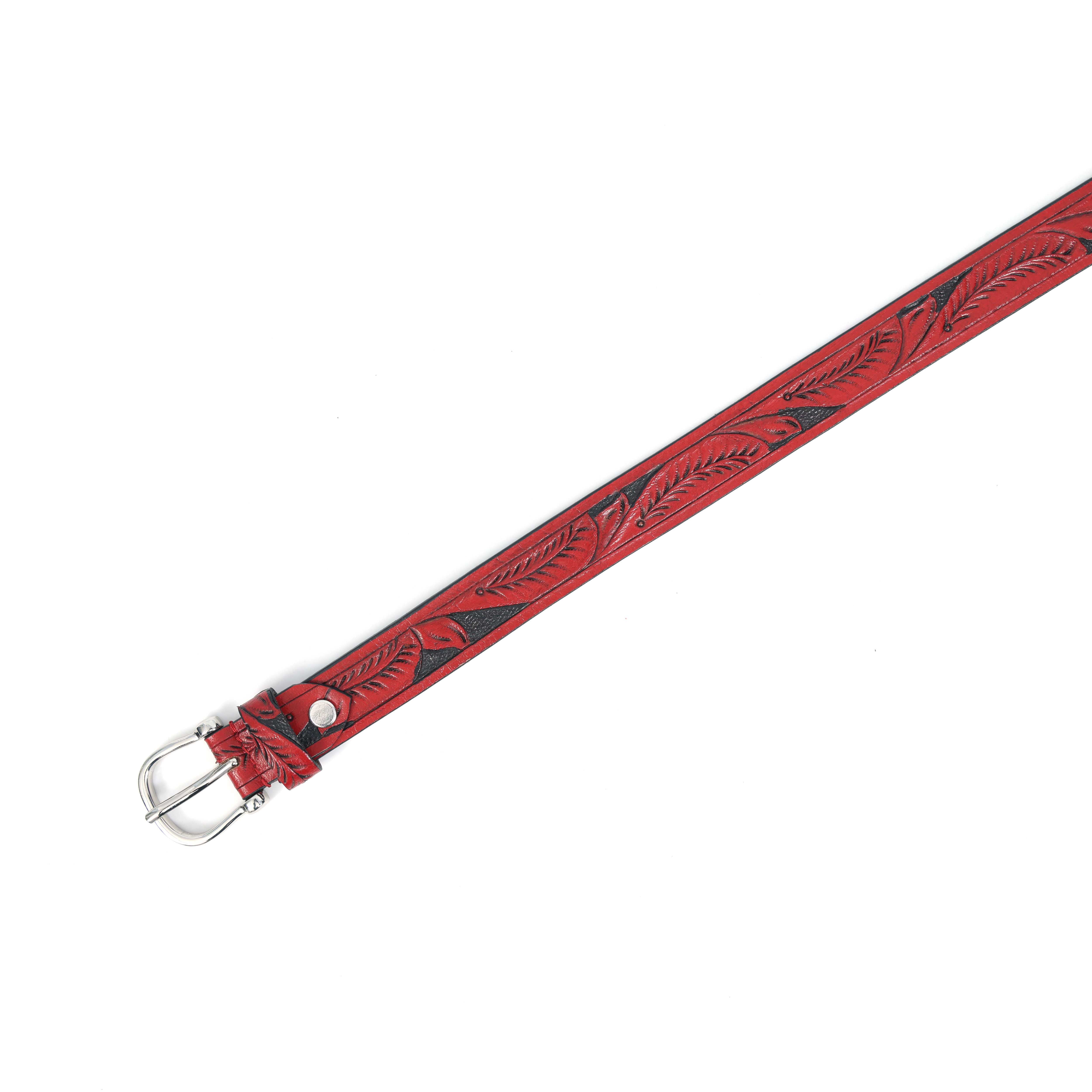 Premium Genuine Leather Red Leaf Embossed Western Casual Waistbelt Silver Buckle - Image 6