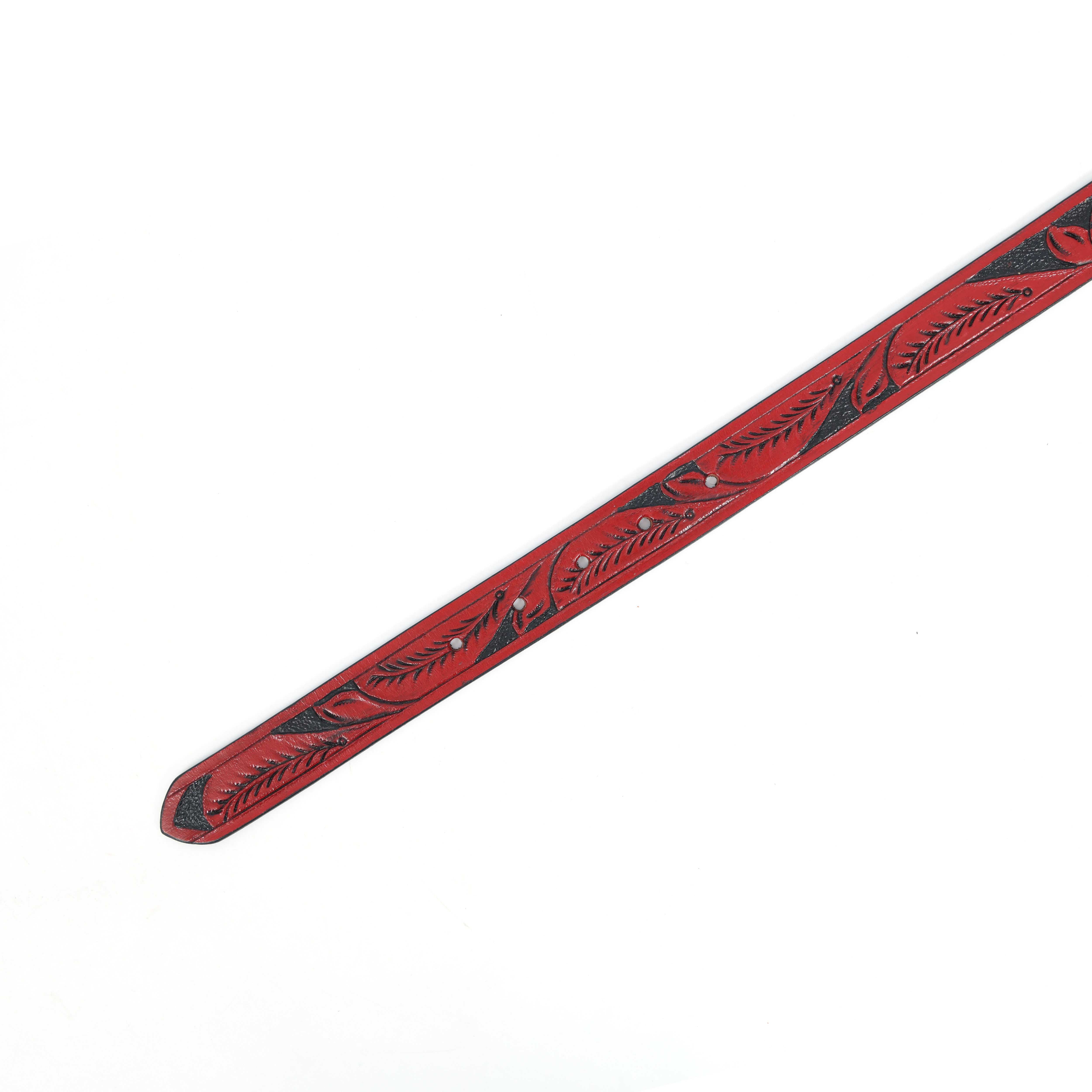 Premium Genuine Leather Red Leaf Embossed Western Casual Waistbelt Silver Buckle - Image 7