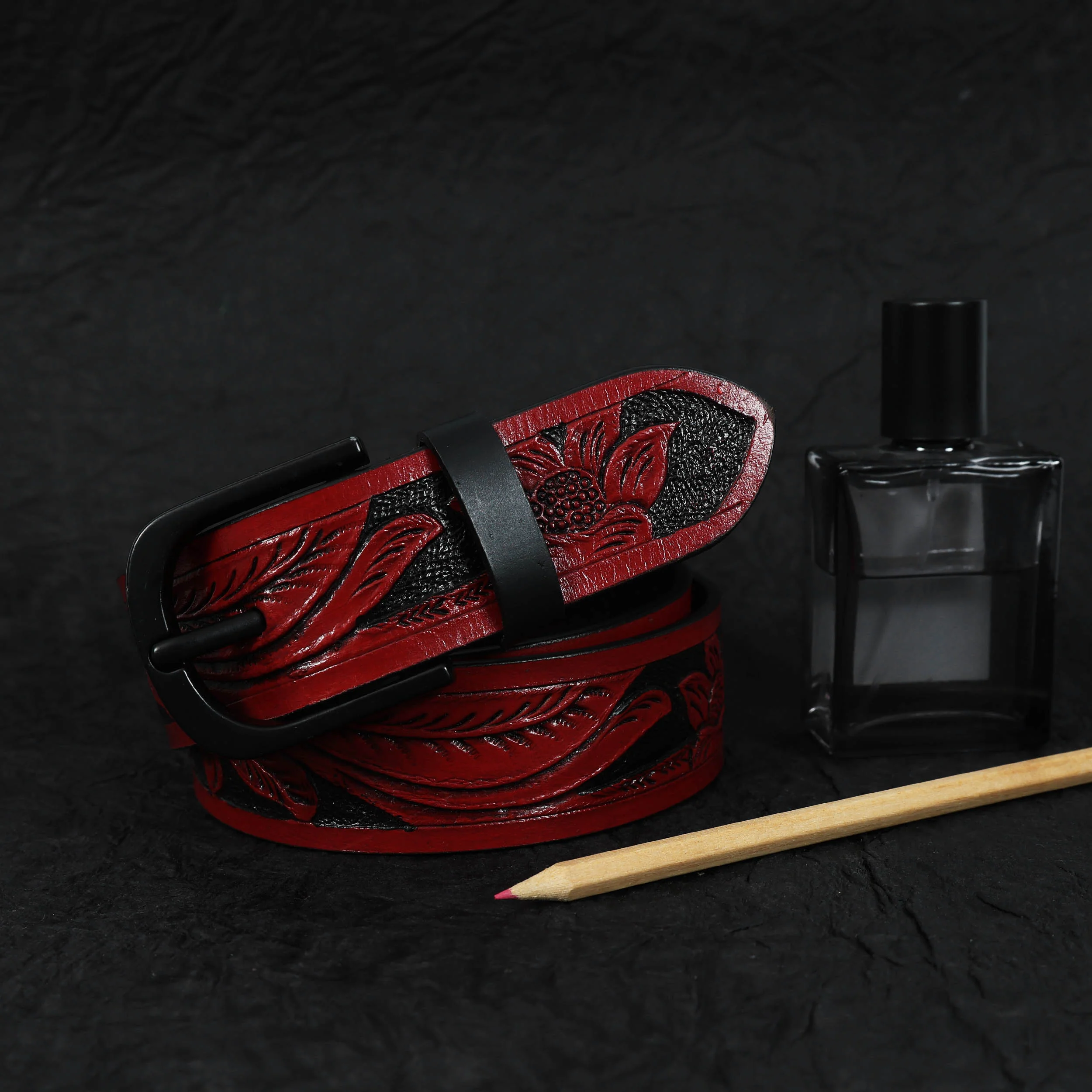 Unisex Genuine Leather Red Floral Embossed Western Casual Waistbelt Matte Black Buckle - Image 2