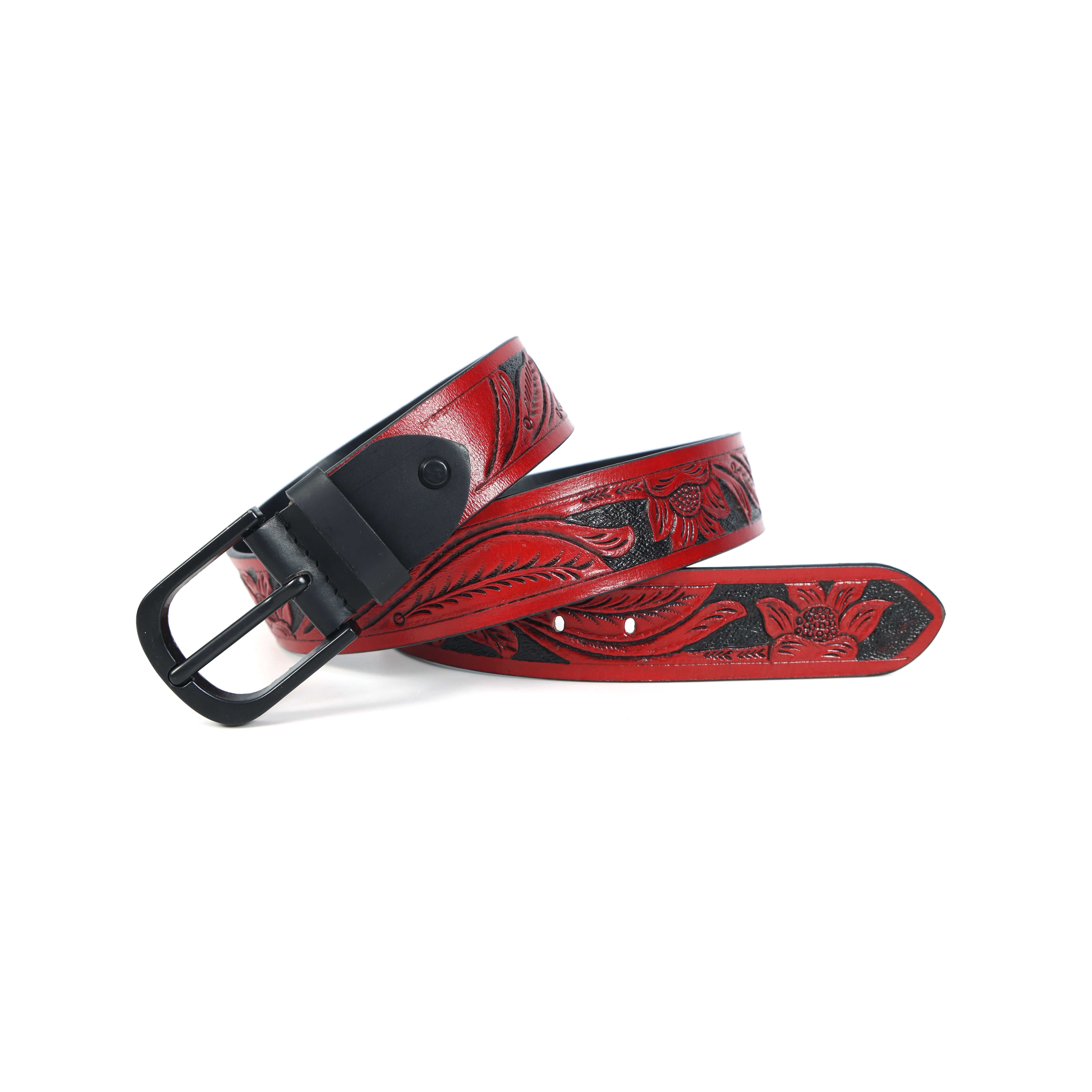 Unisex Genuine Leather Red Floral Embossed Western Casual Waistbelt Matte Black Buckle - Image 3