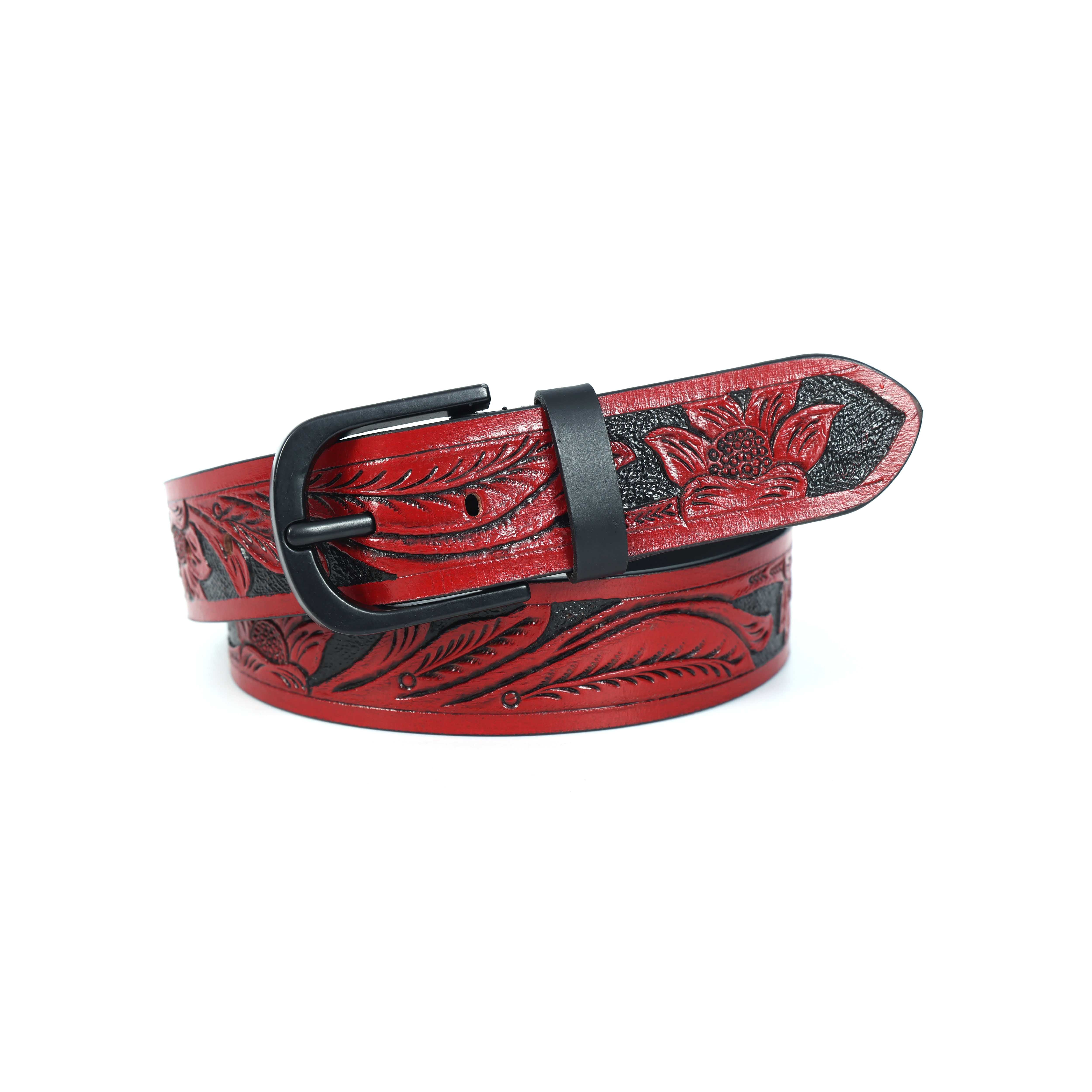 Unisex Genuine Leather Red Floral Embossed Western Casual Waistbelt Matte Black Buckle - Image 4