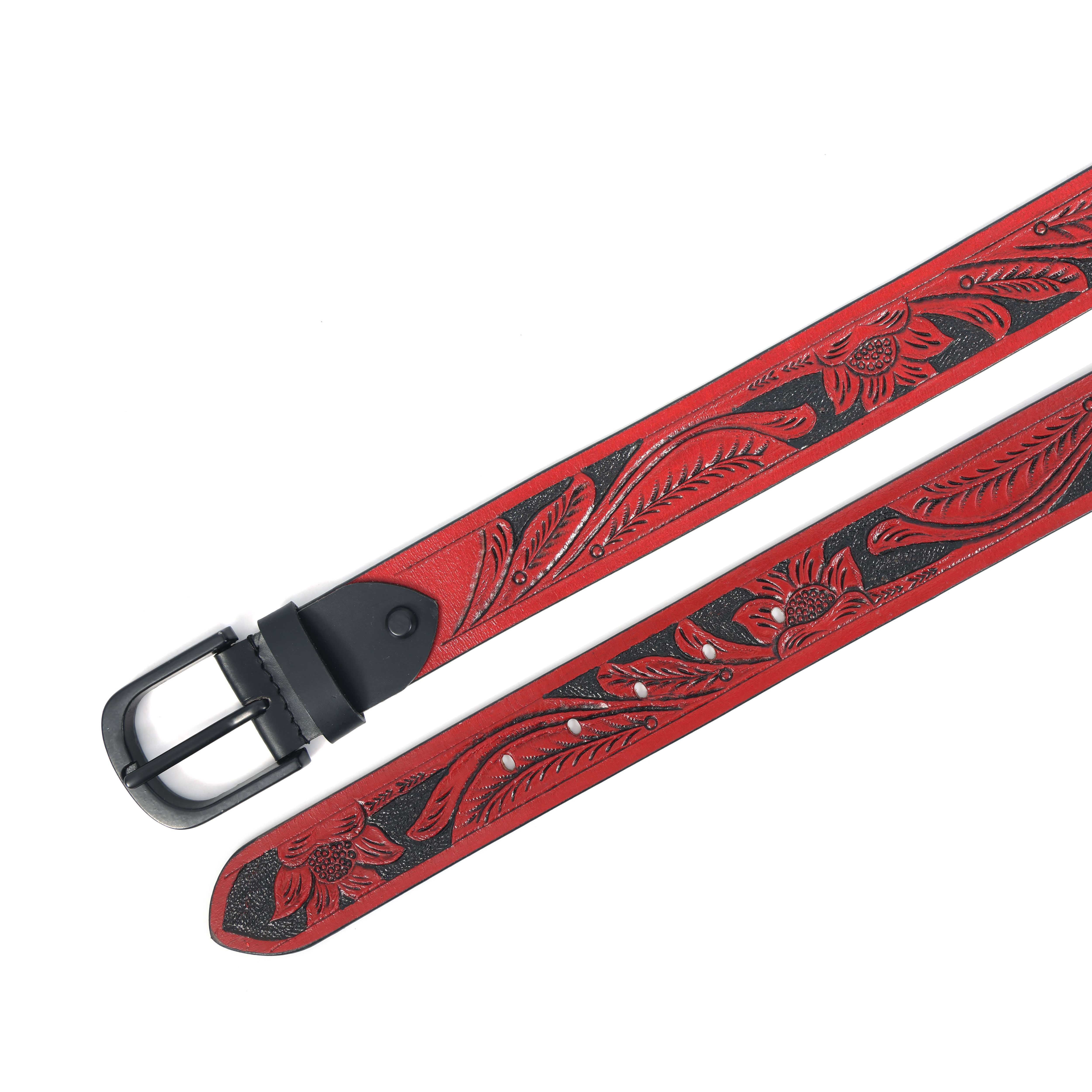 Unisex Genuine Leather Red Floral Embossed Western Casual Waistbelt Matte Black Buckle - Image 5