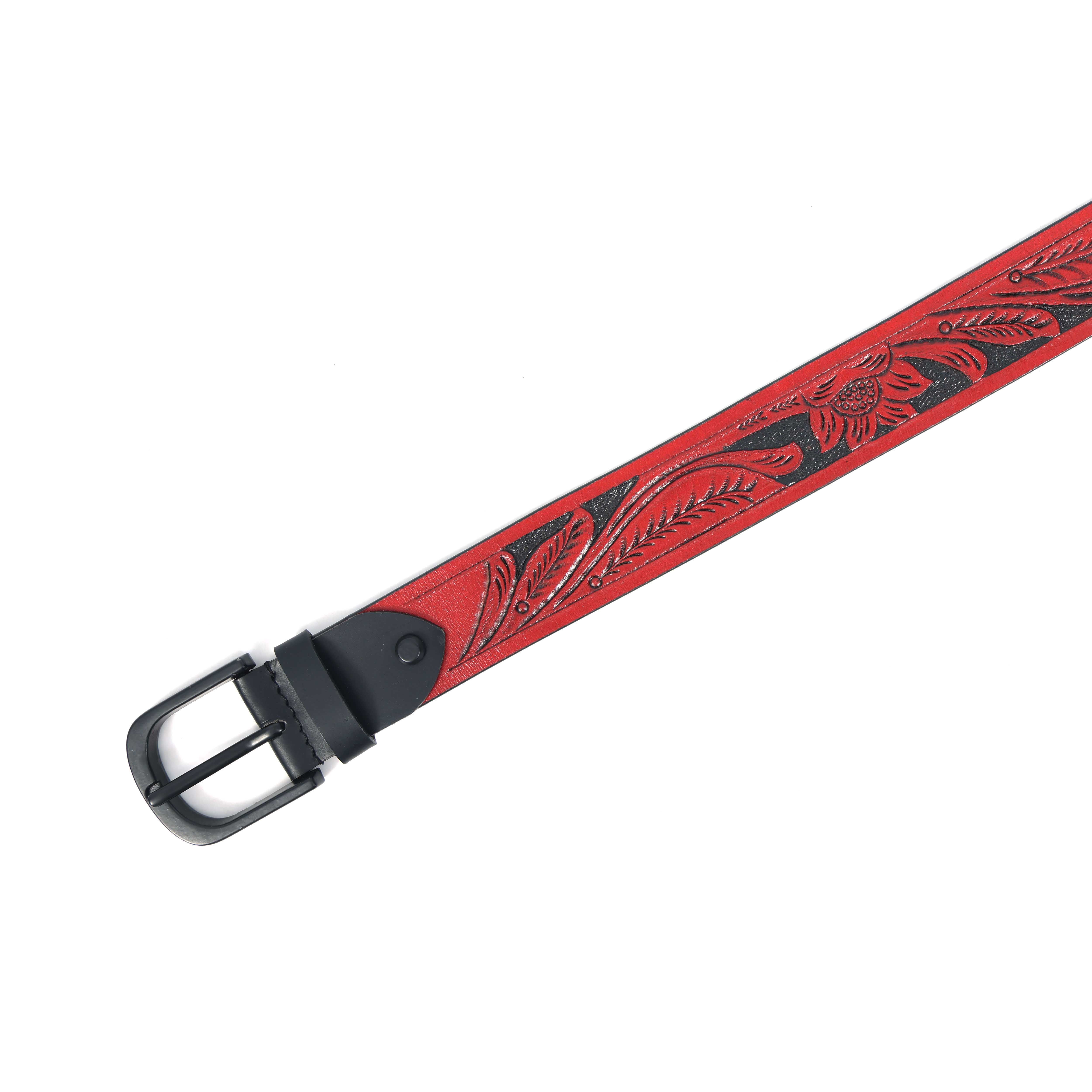 Unisex Genuine Leather Red Floral Embossed Western Casual Waistbelt Matte Black Buckle - Image 6