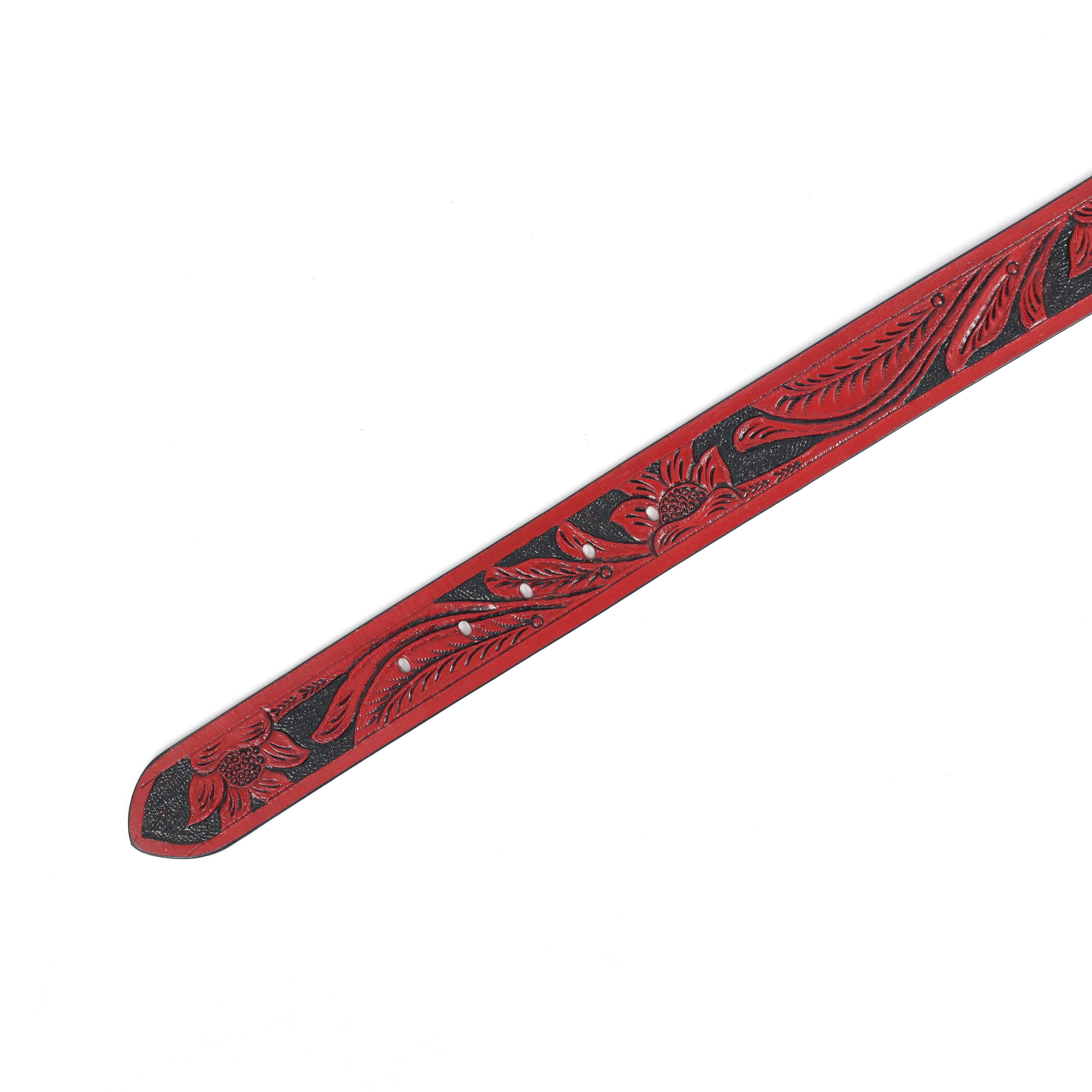 Unisex Genuine Leather Red Floral Embossed Western Casual Waistbelt Matte Black Buckle - Image 7