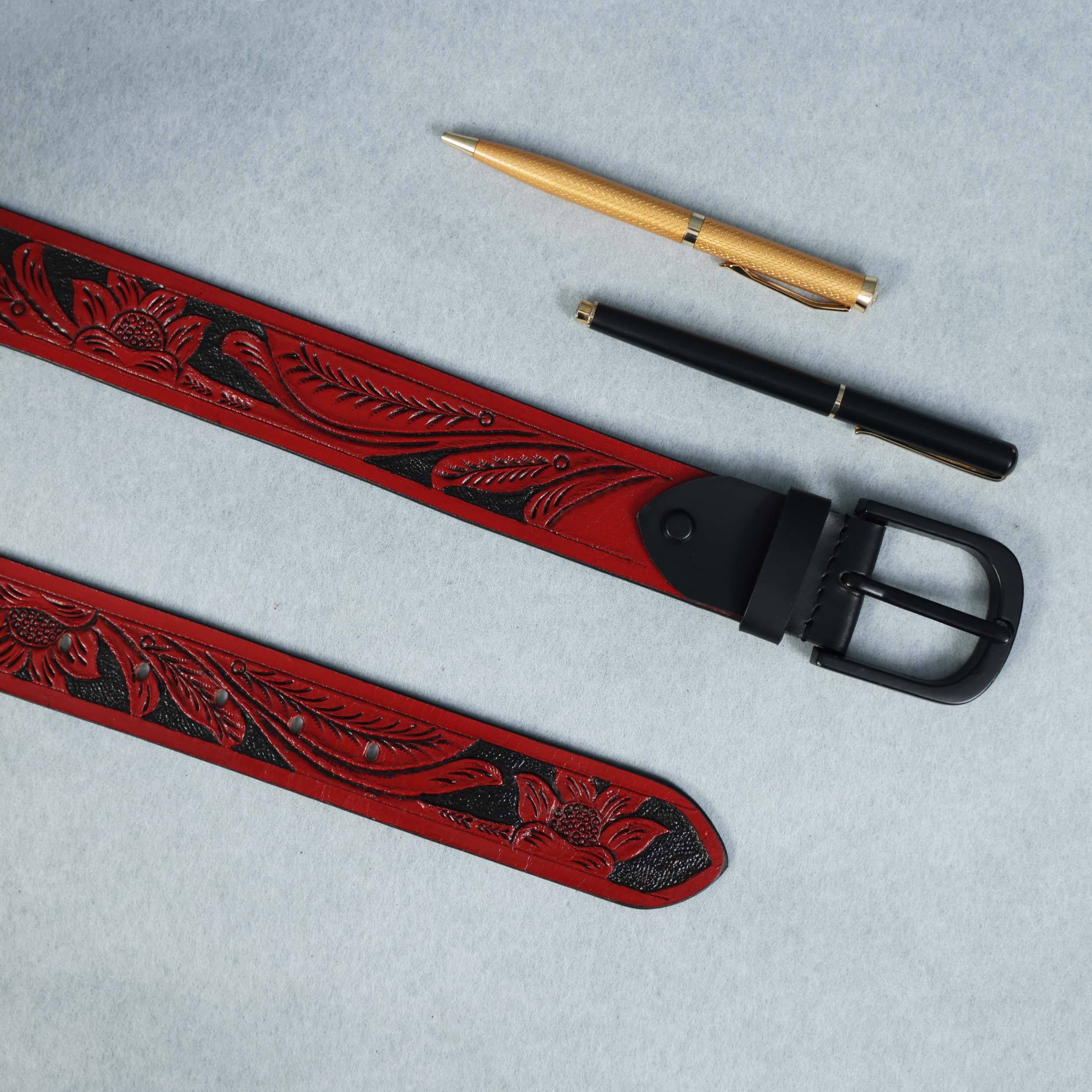 Unisex Genuine Leather Red Floral Embossed Western Casual Waistbelt Matte Black Buckle - Image 8