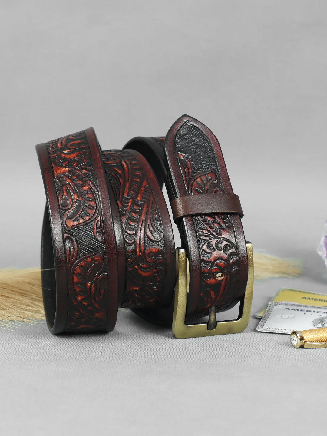 Handcrafted Brown Leather Western Belt with Brass Buckle ’?????? Embossed Vintage Floral Design for Men - Image 2