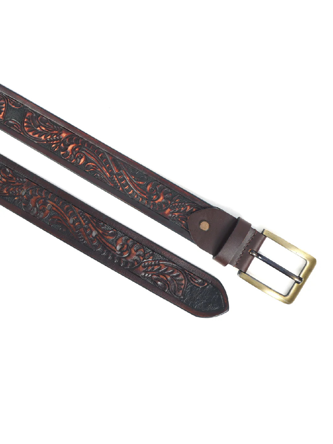 Handcrafted Brown Leather Western Belt with Brass Buckle ’?????? Embossed Vintage Floral Design for Men - Image 4