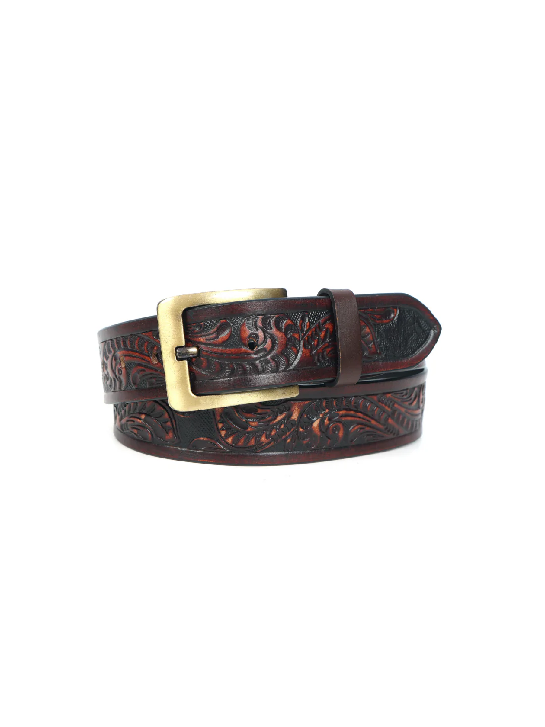 Handcrafted Brown Leather Western Belt with Brass Buckle ’?????? Embossed Vintage Floral Design for Men - Image 5