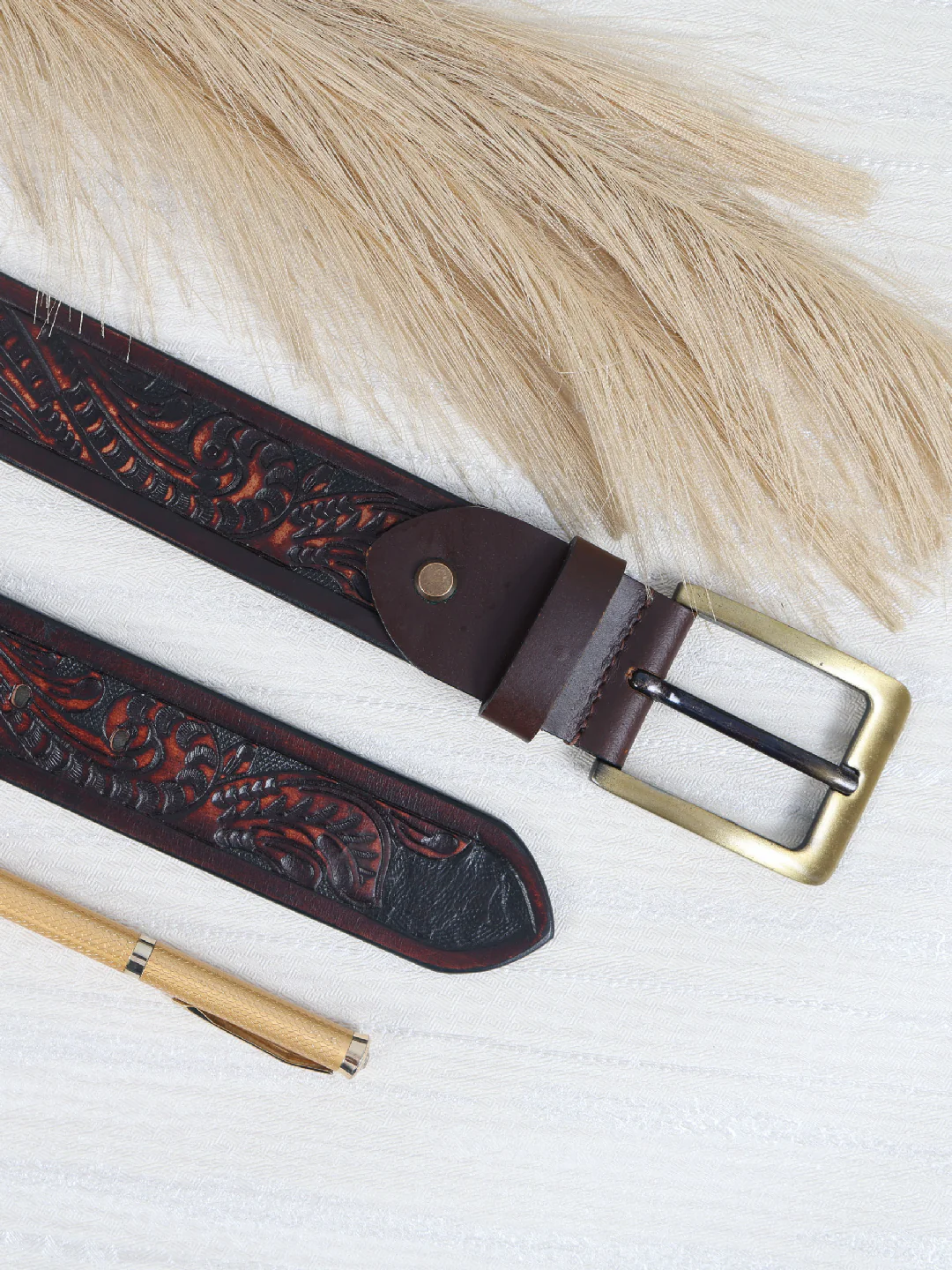 Handcrafted Brown Leather Western Belt with Brass Buckle ’?????? Embossed Vintage Floral Design for Men - Image 6