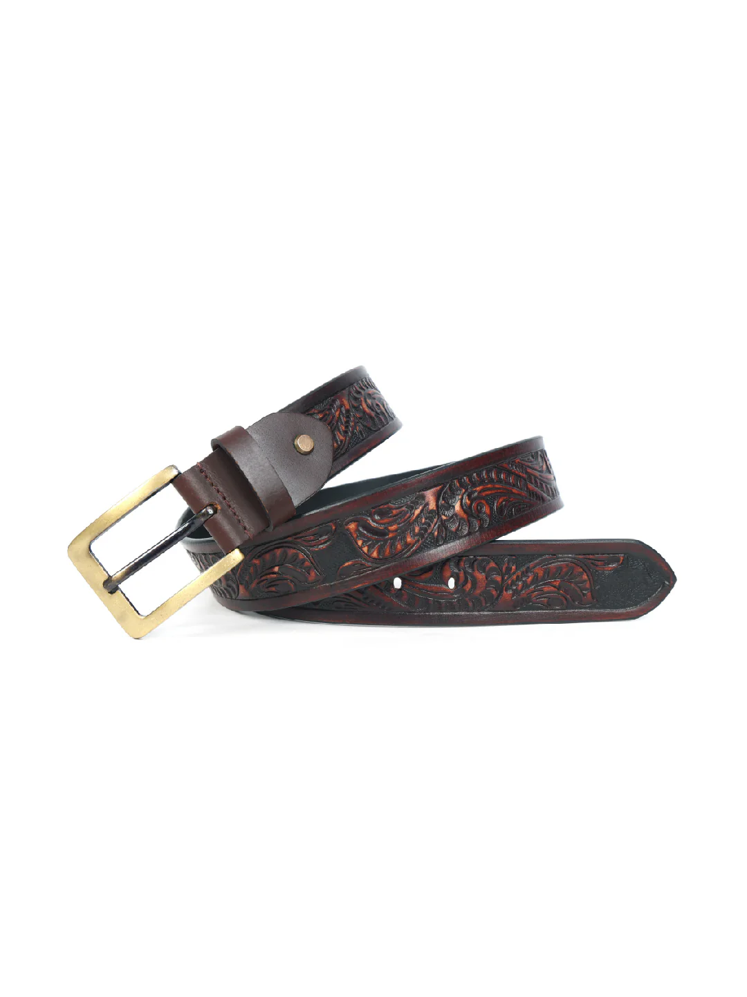 Handcrafted Brown Leather Western Belt with Brass Buckle ’?????? Embossed Vintage Floral Design for Men - Image 8