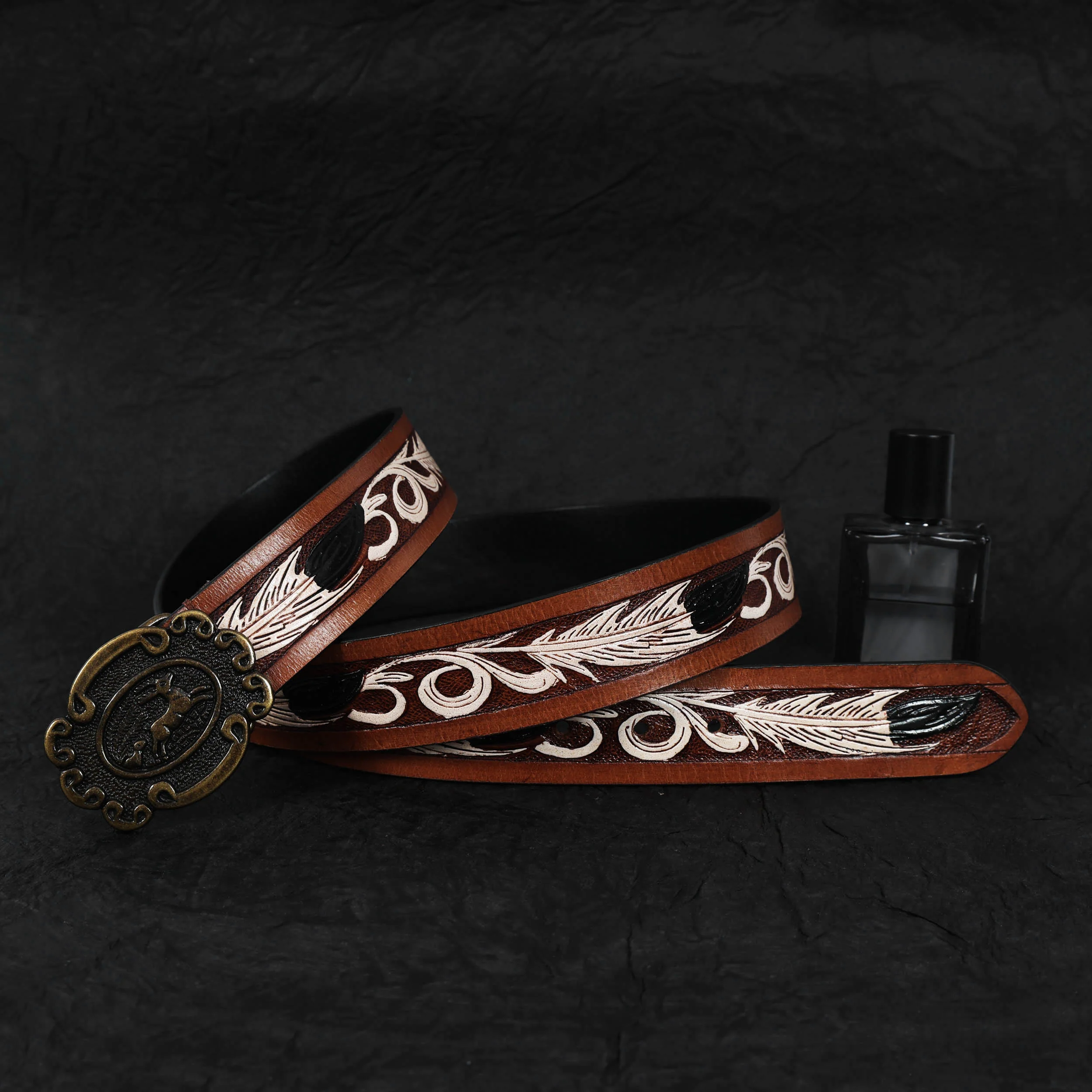 Unisex Genuine Leather Brown Feather Painted Western Waist Belt Antique Buckle Handmade - Image 2