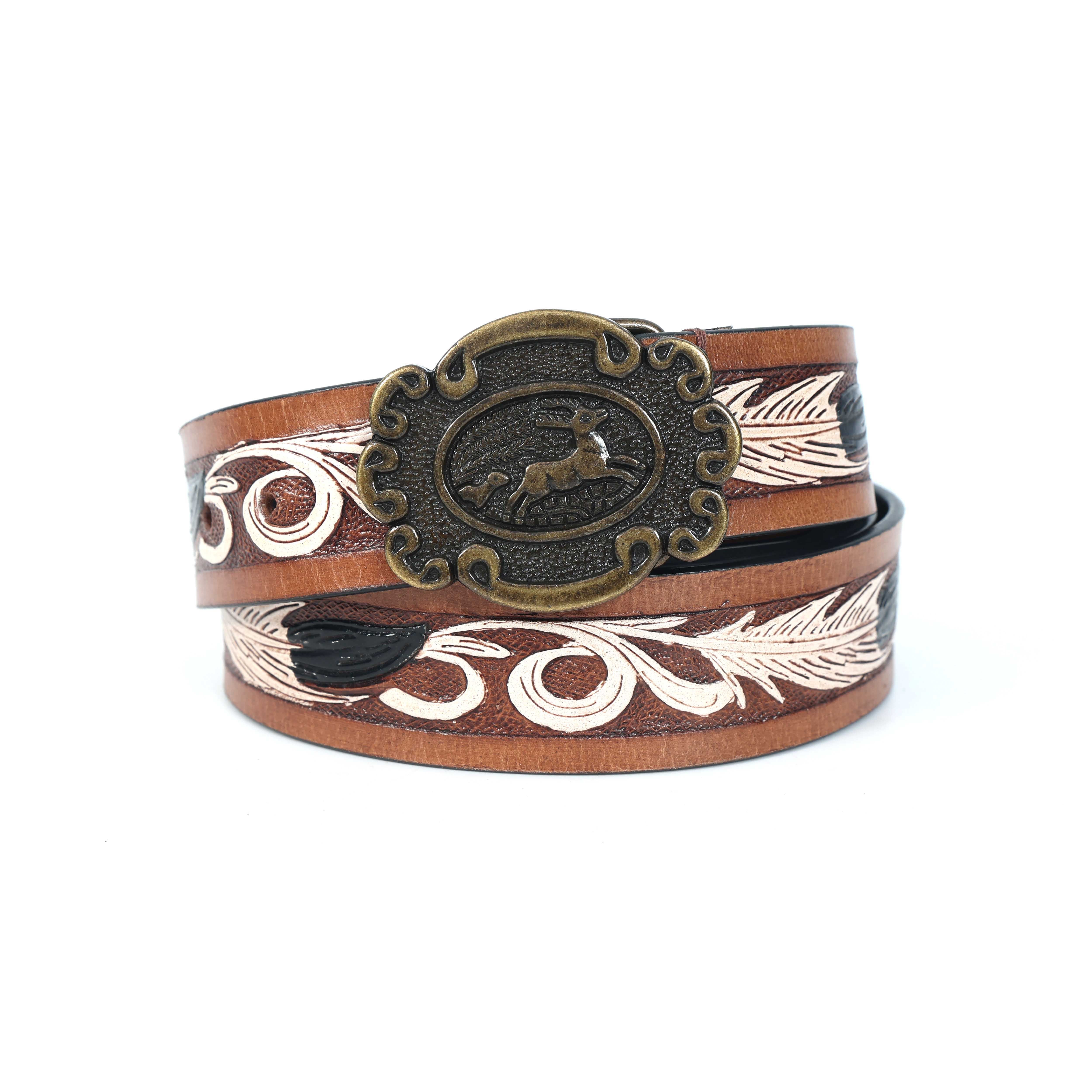 Unisex Genuine Leather Brown Feather Painted Western Waist Belt Antique Buckle Handmade - Image 3