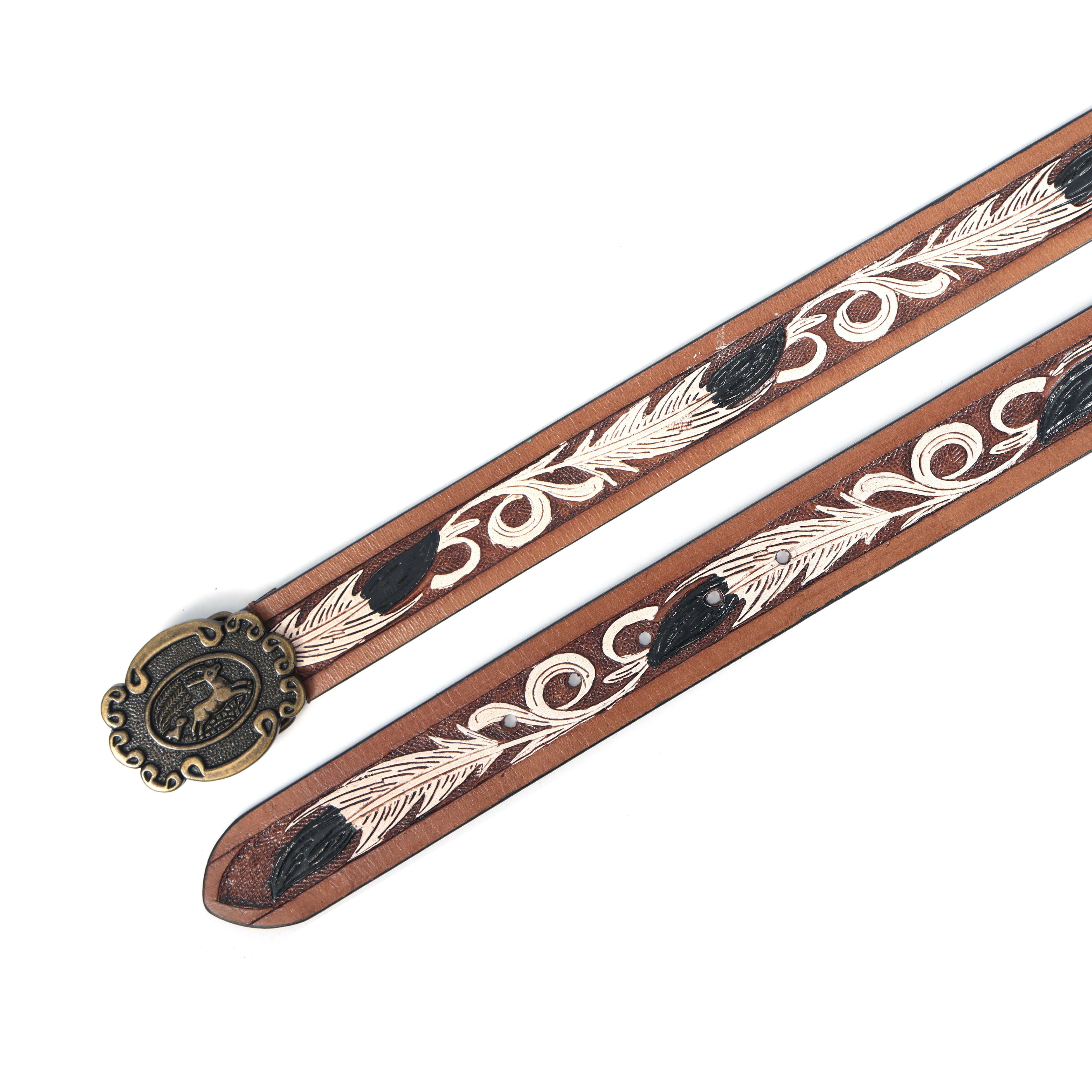 Unisex Genuine Leather Brown Feather Painted Western Waist Belt Antique Buckle Handmade - Image 4