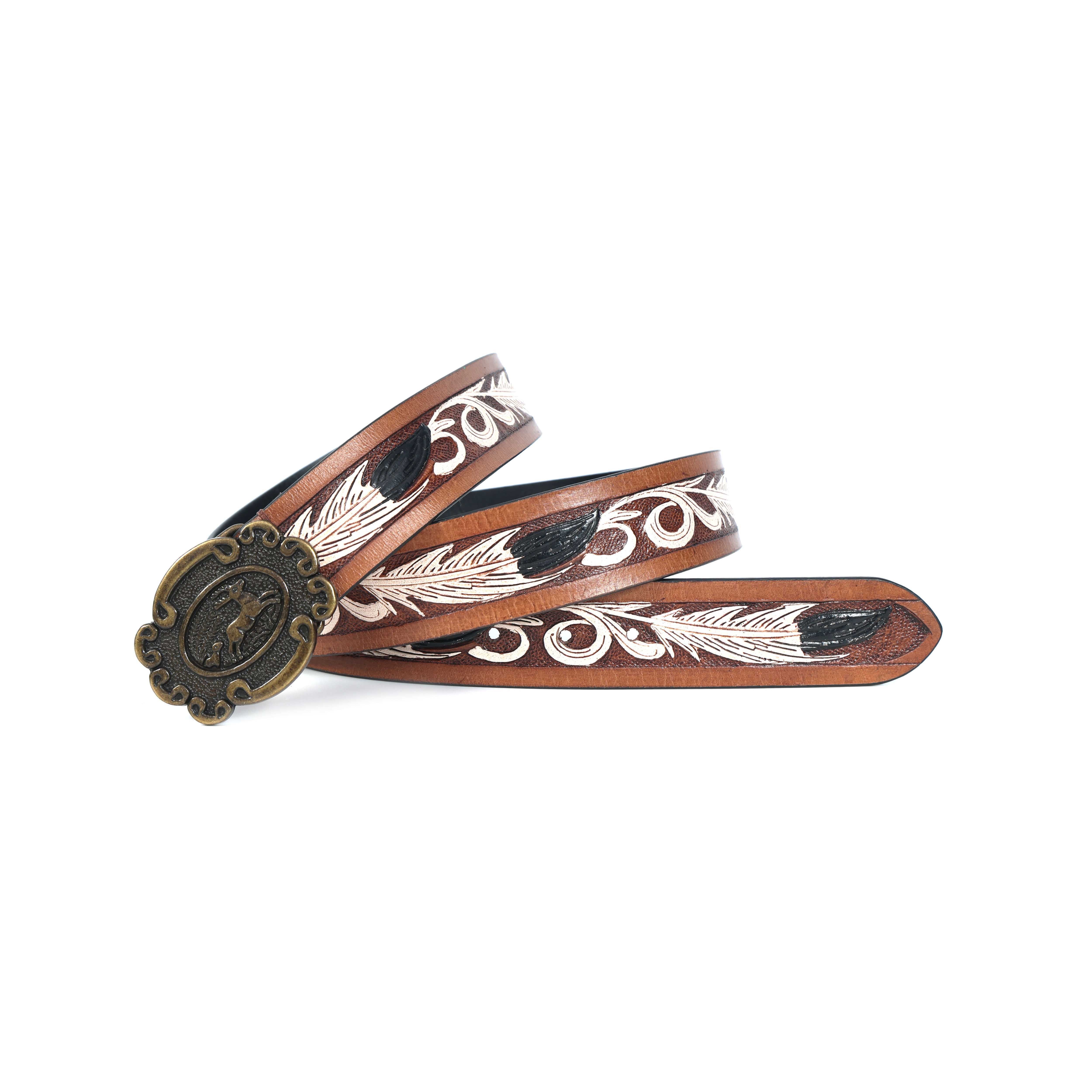 Unisex Genuine Leather Brown Feather Painted Western Waist Belt Antique Buckle Handmade - Image 5