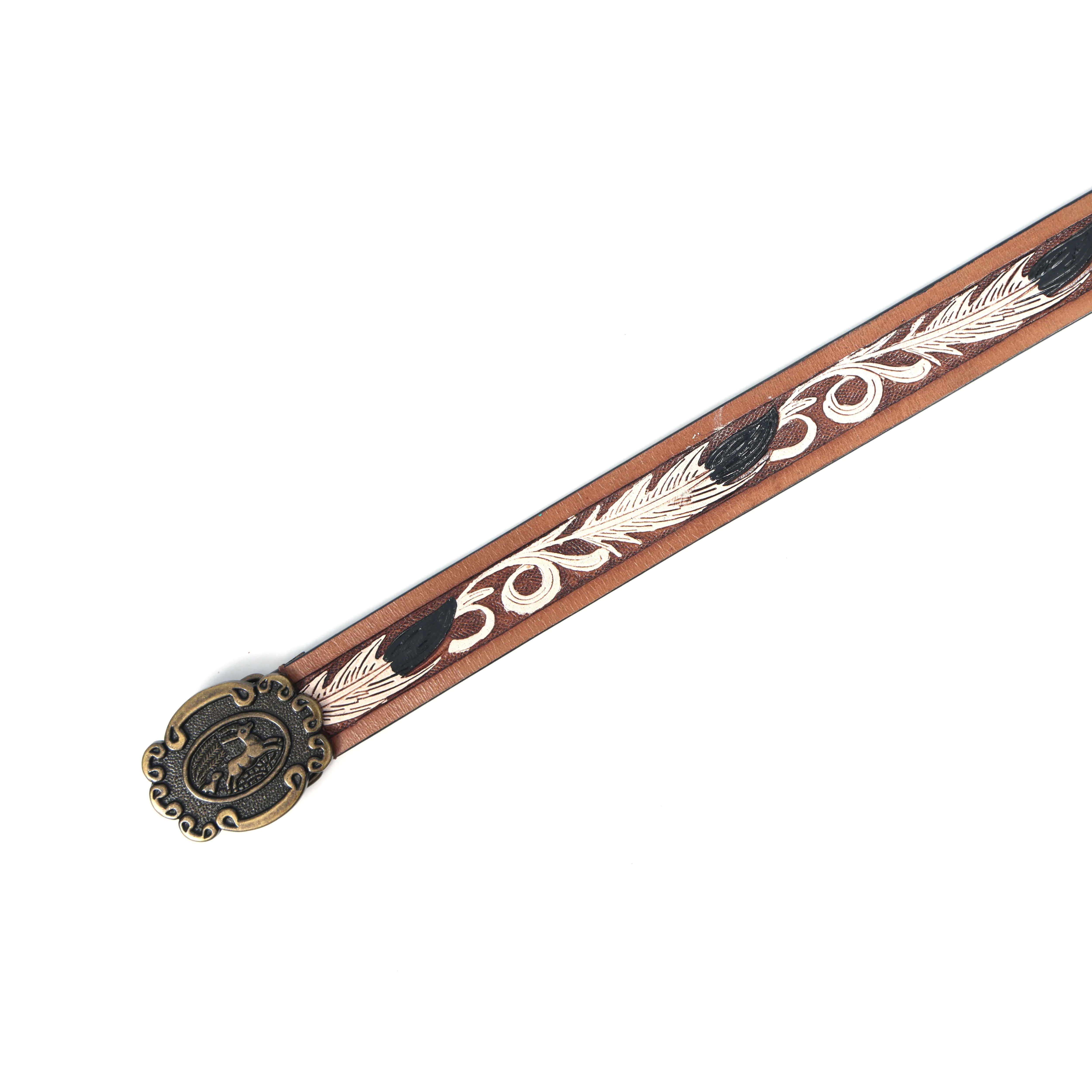 Unisex Genuine Leather Brown Feather Painted Western Waist Belt Antique Buckle Handmade - Image 6