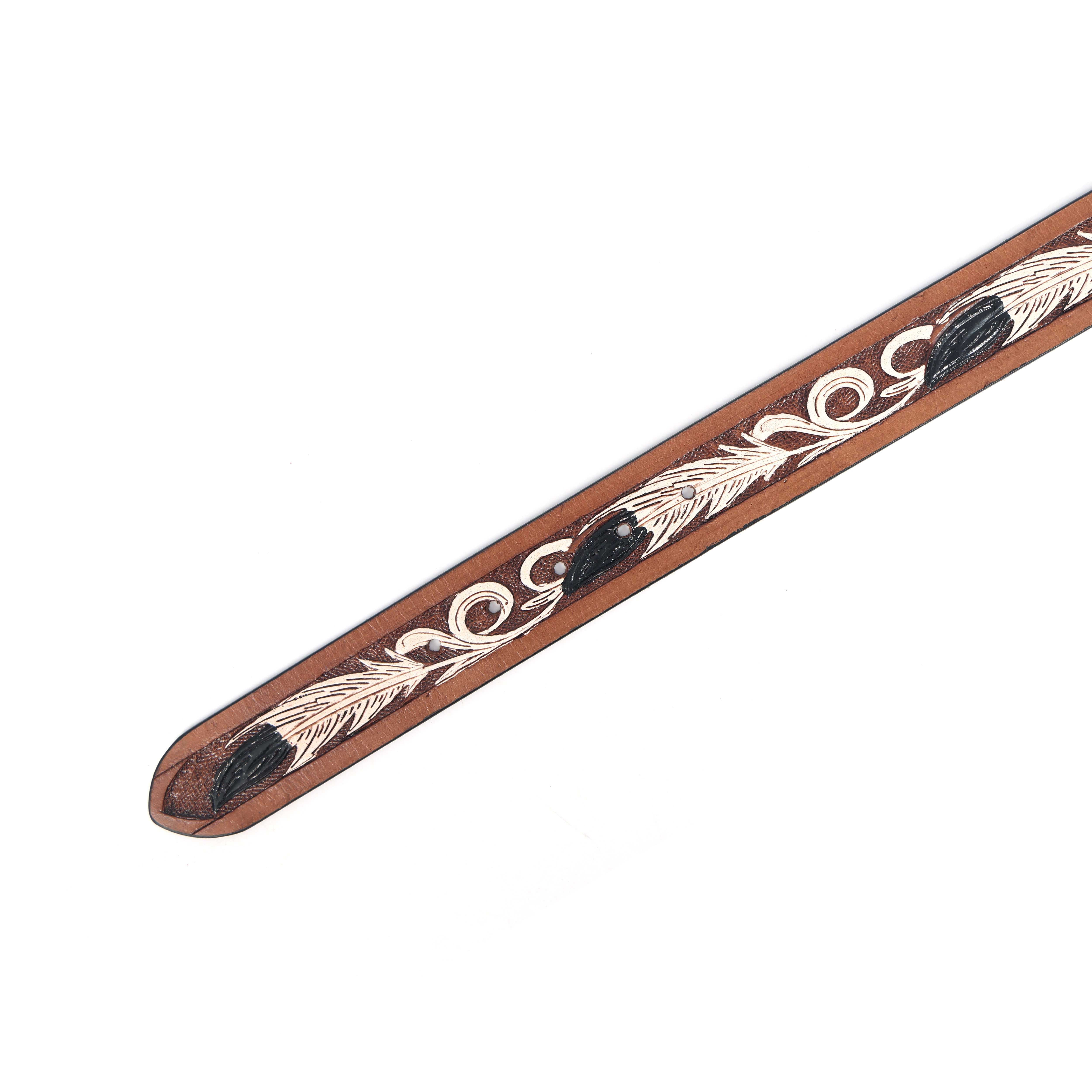 Unisex Genuine Leather Brown Feather Painted Western Waist Belt Antique Buckle Handmade - Image 7