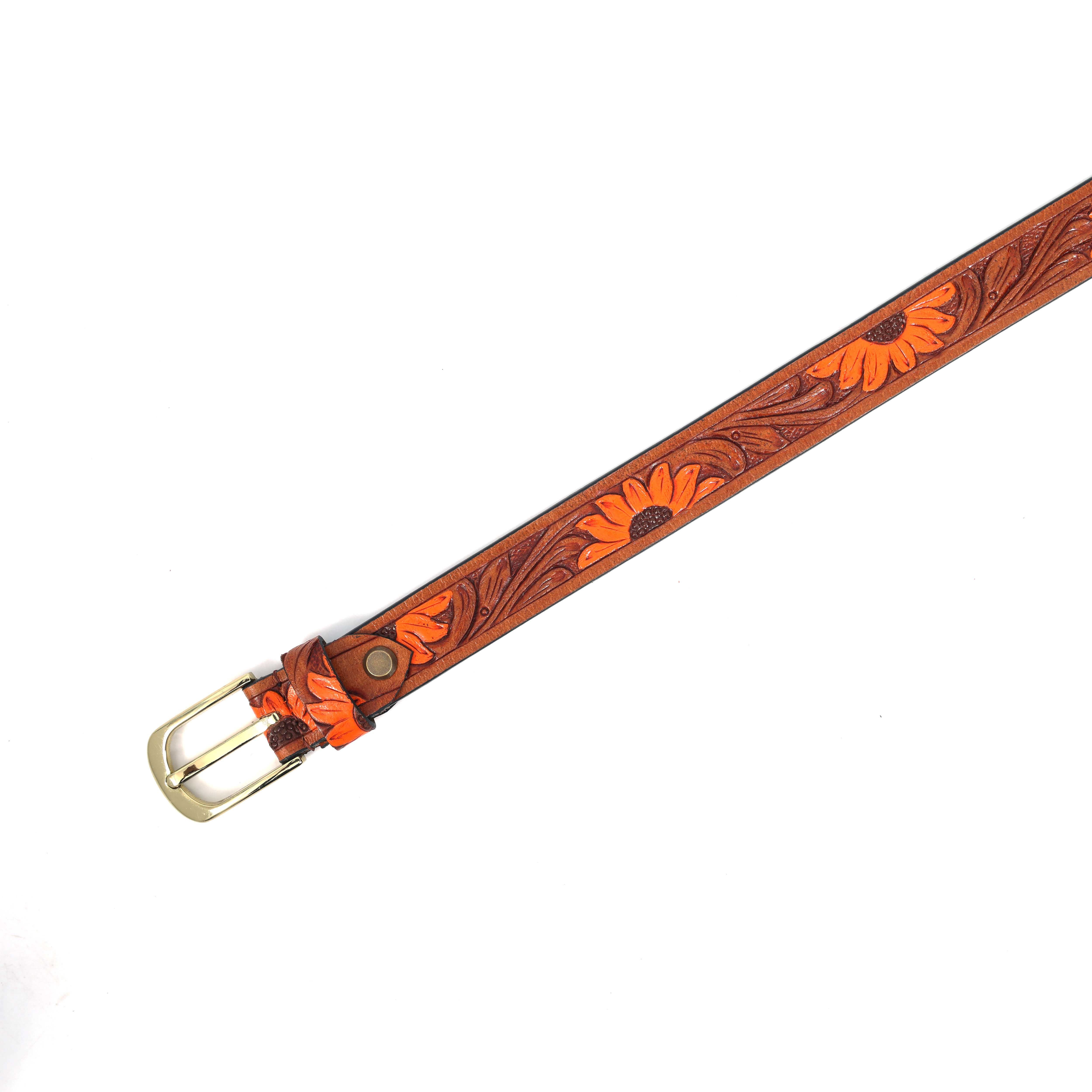 Genuine Leather Embossed Brown Orange Sunflower Western Waist Accessory Brass Buckle - Image 3