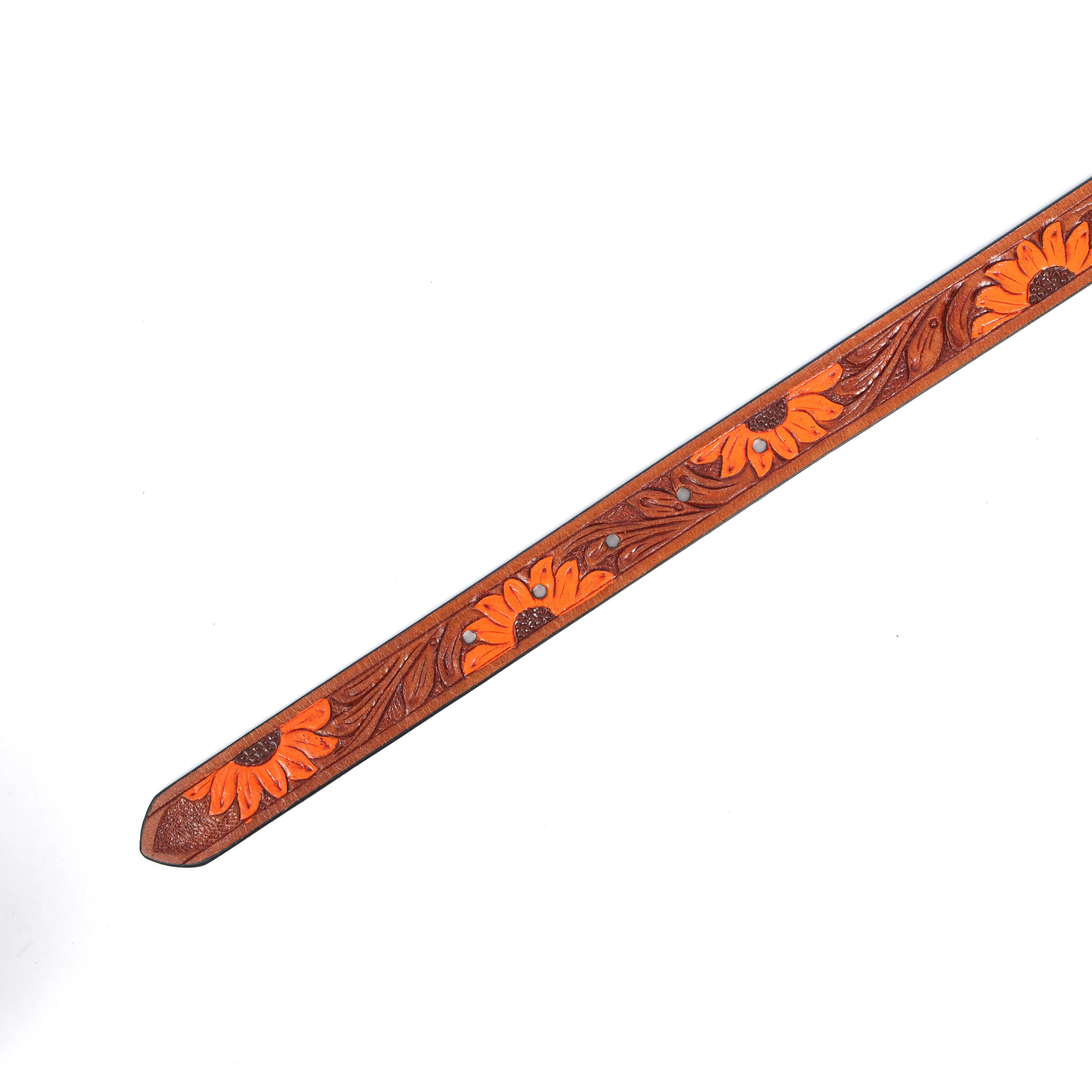 Genuine Leather Embossed Brown Orange Sunflower Western Waist Accessory Brass Buckle - Image 4