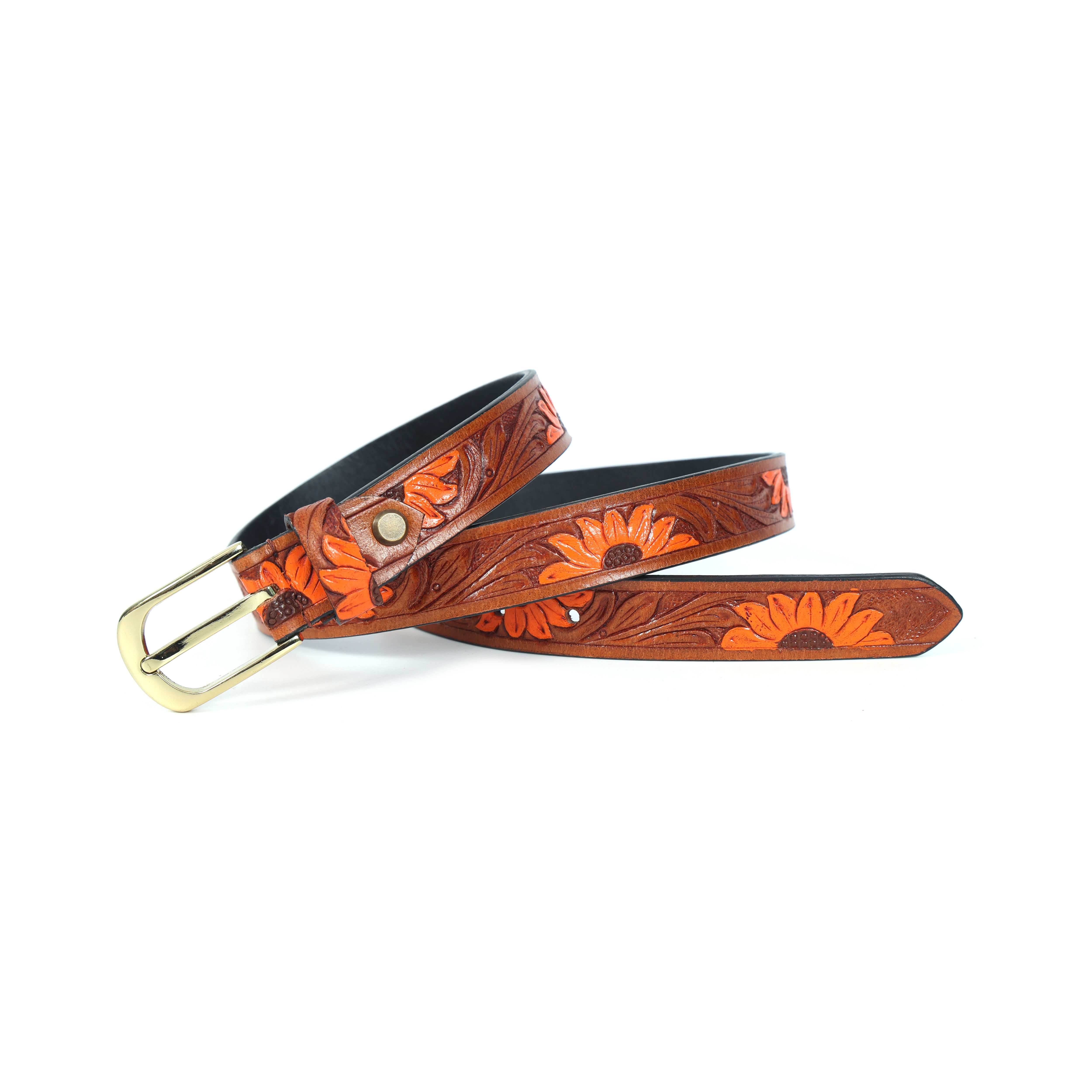 Genuine Leather Embossed Brown Orange Sunflower Western Waist Accessory Brass Buckle - Image 5