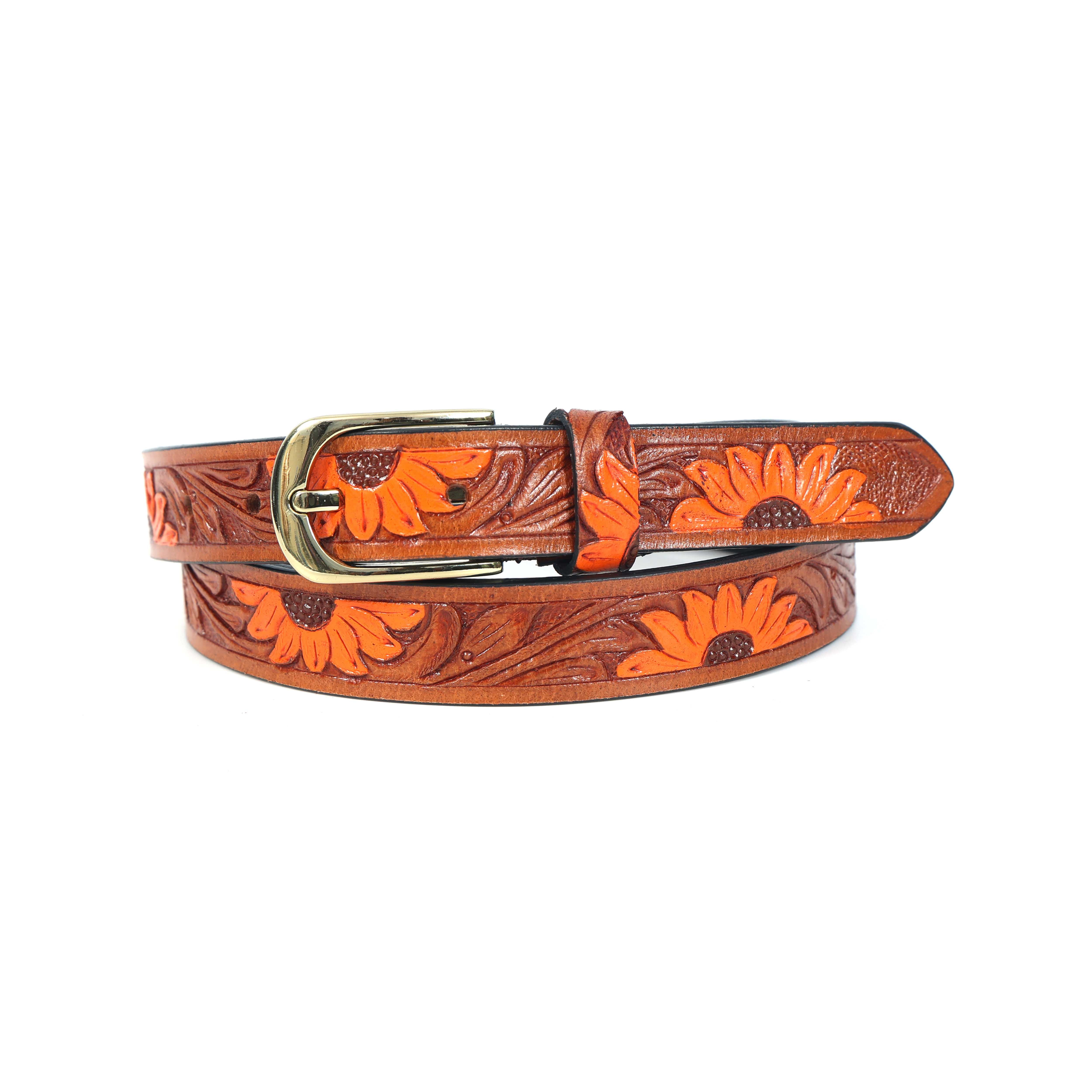 Genuine Leather Embossed Brown Orange Sunflower Western Waist Accessory Brass Buckle - Image 6