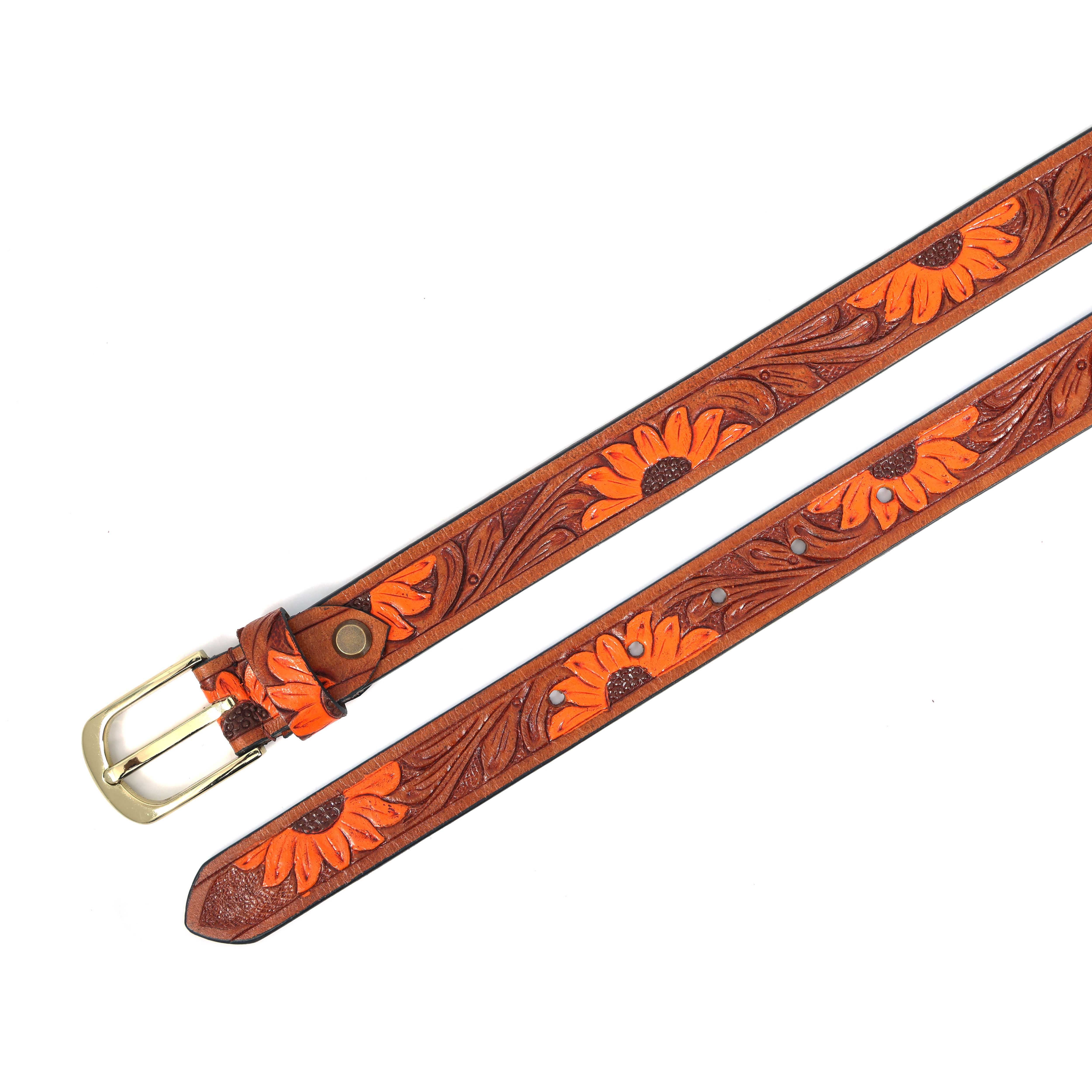 Genuine Leather Embossed Brown Orange Sunflower Western Waist Accessory Brass Buckle - Image 7