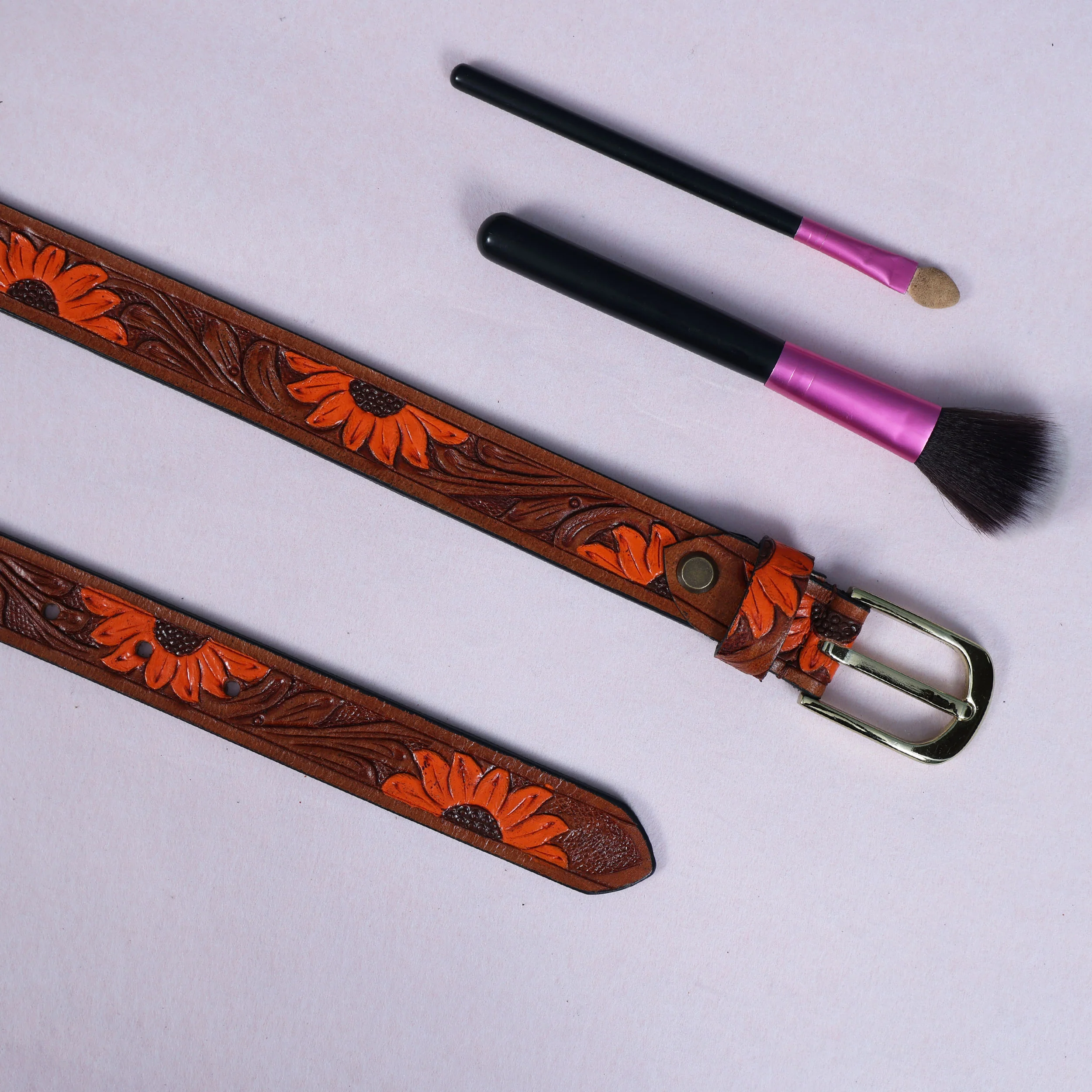 Genuine Leather Embossed Brown Orange Sunflower Western Waist Accessory Brass Buckle - Image 8