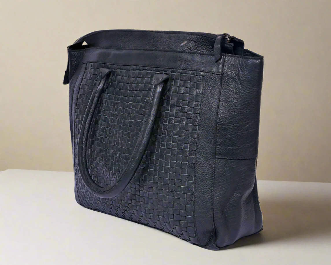 Genuine Leather Tote Bag Black with Woven Front, Zip Closure & Dual Carry Handles