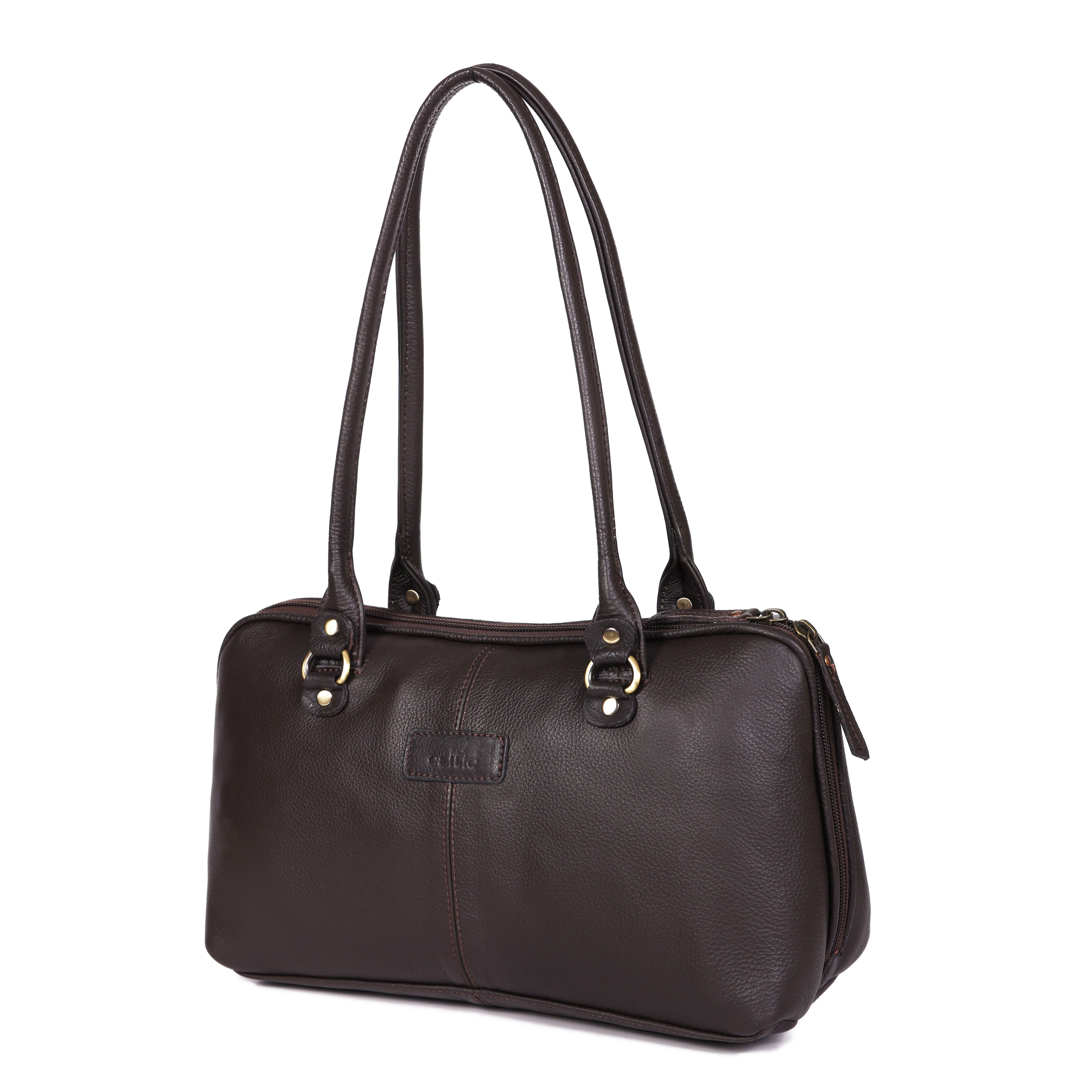 Premium Leather Shoulder Bag with Dual Zip Compartments, Structured Silhouette - Image 11
