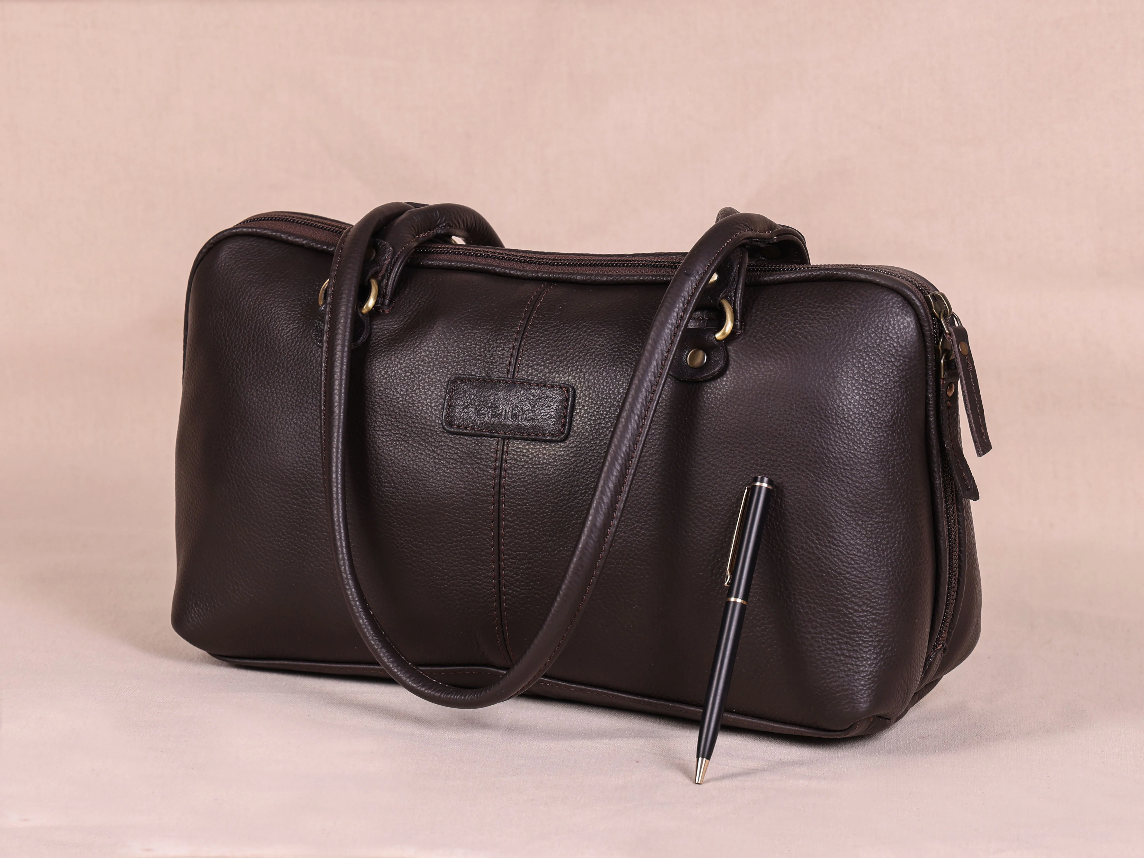 Premium Leather Shoulder Bag with Dual Zip Compartments, Structured Silhouette - Image 13