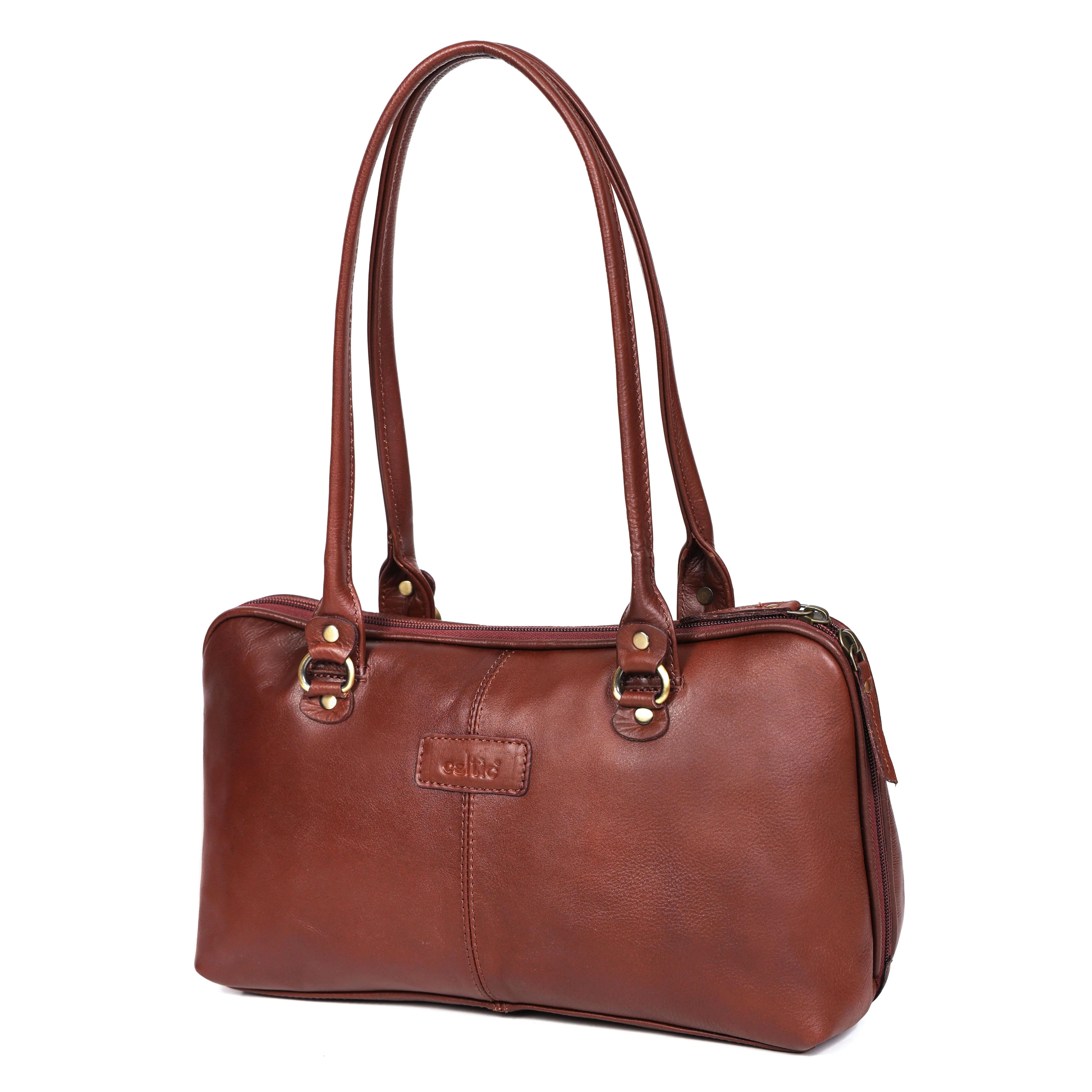 Premium Leather Shoulder Bag with Dual Zip Compartments, Structured Silhouette - Image 3