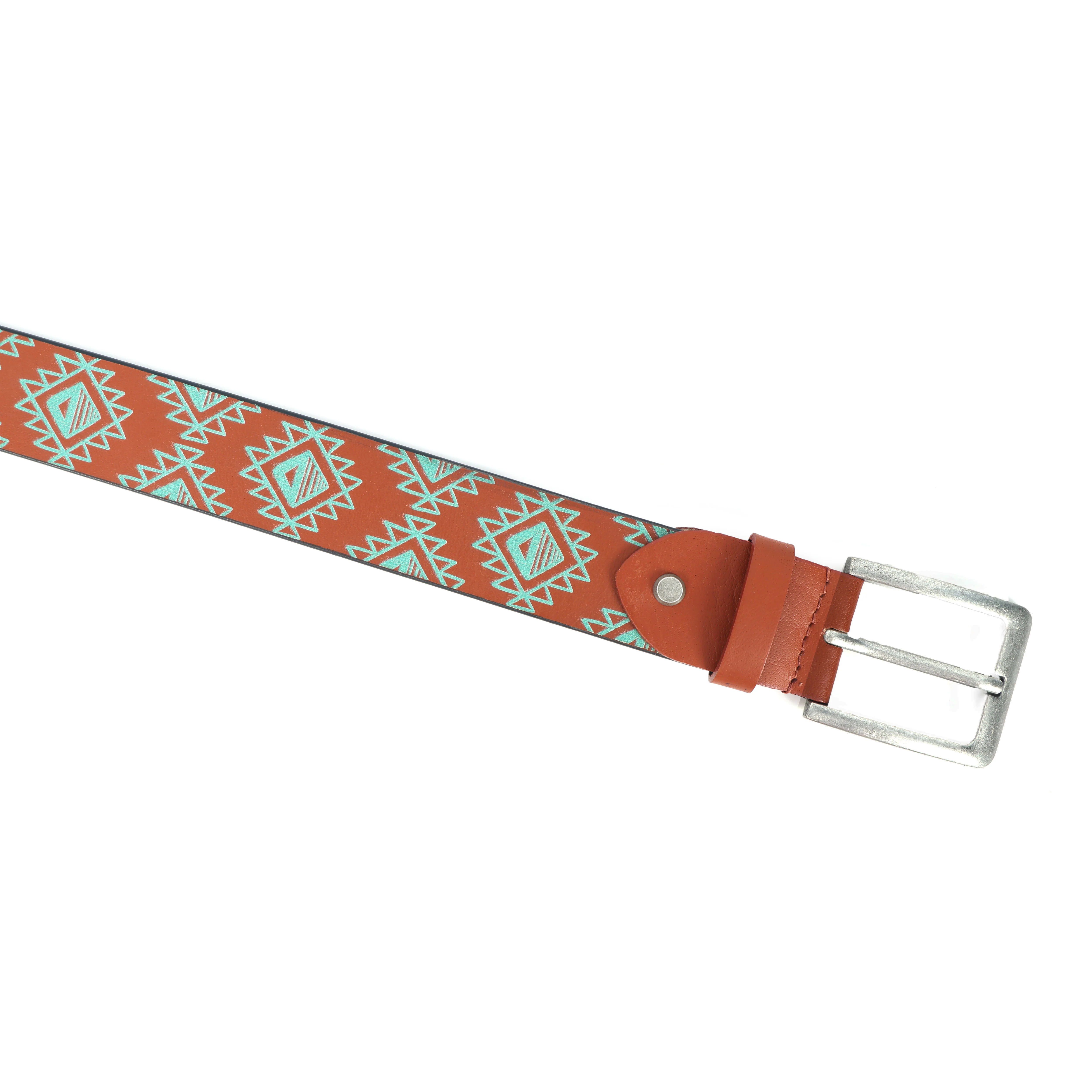 Unisex Geometric Ethnic Printed Leather Belt With Silver Buckle For Casual Wear - Image 3