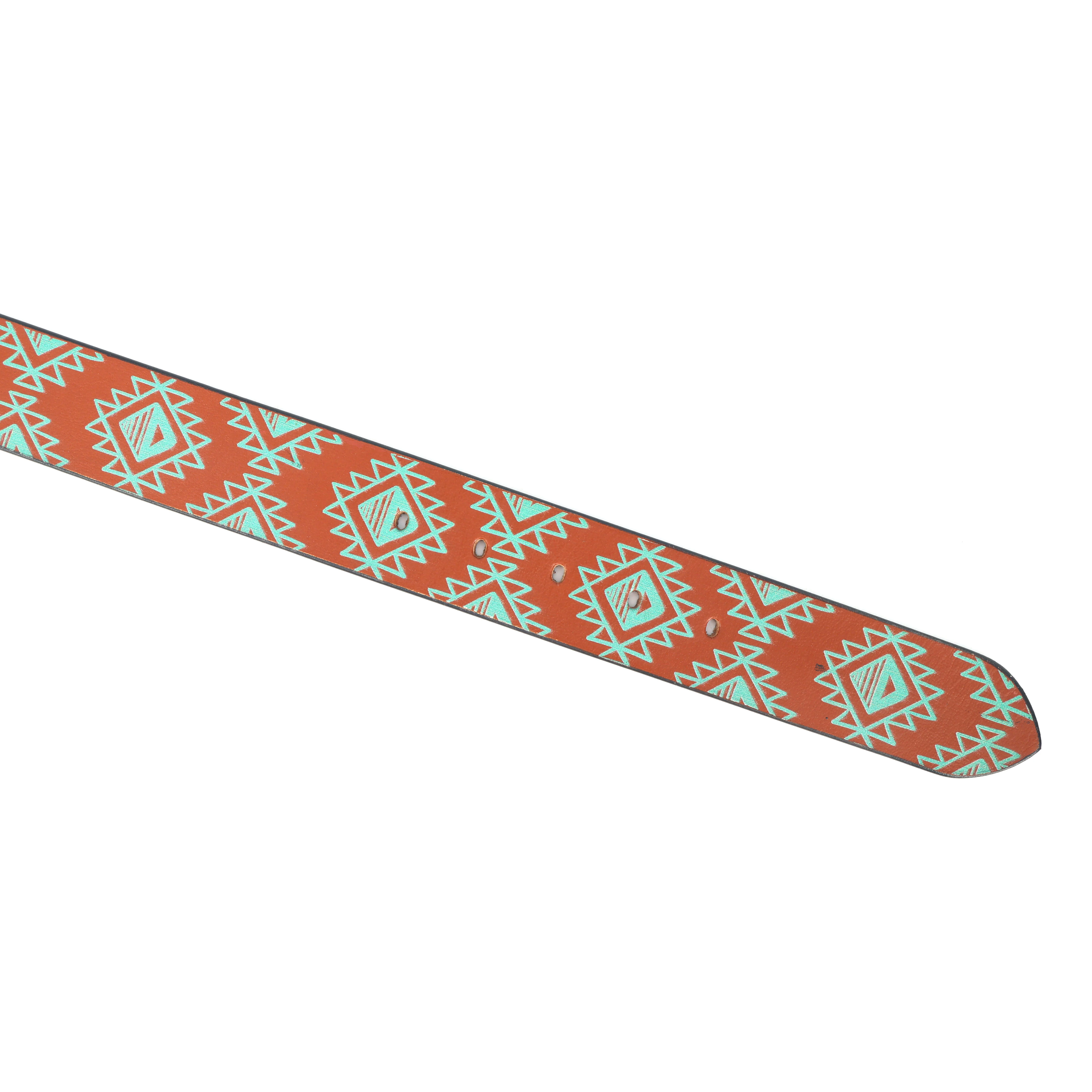 Unisex Geometric Ethnic Printed Leather Belt With Silver Buckle For Casual Wear - Image 4