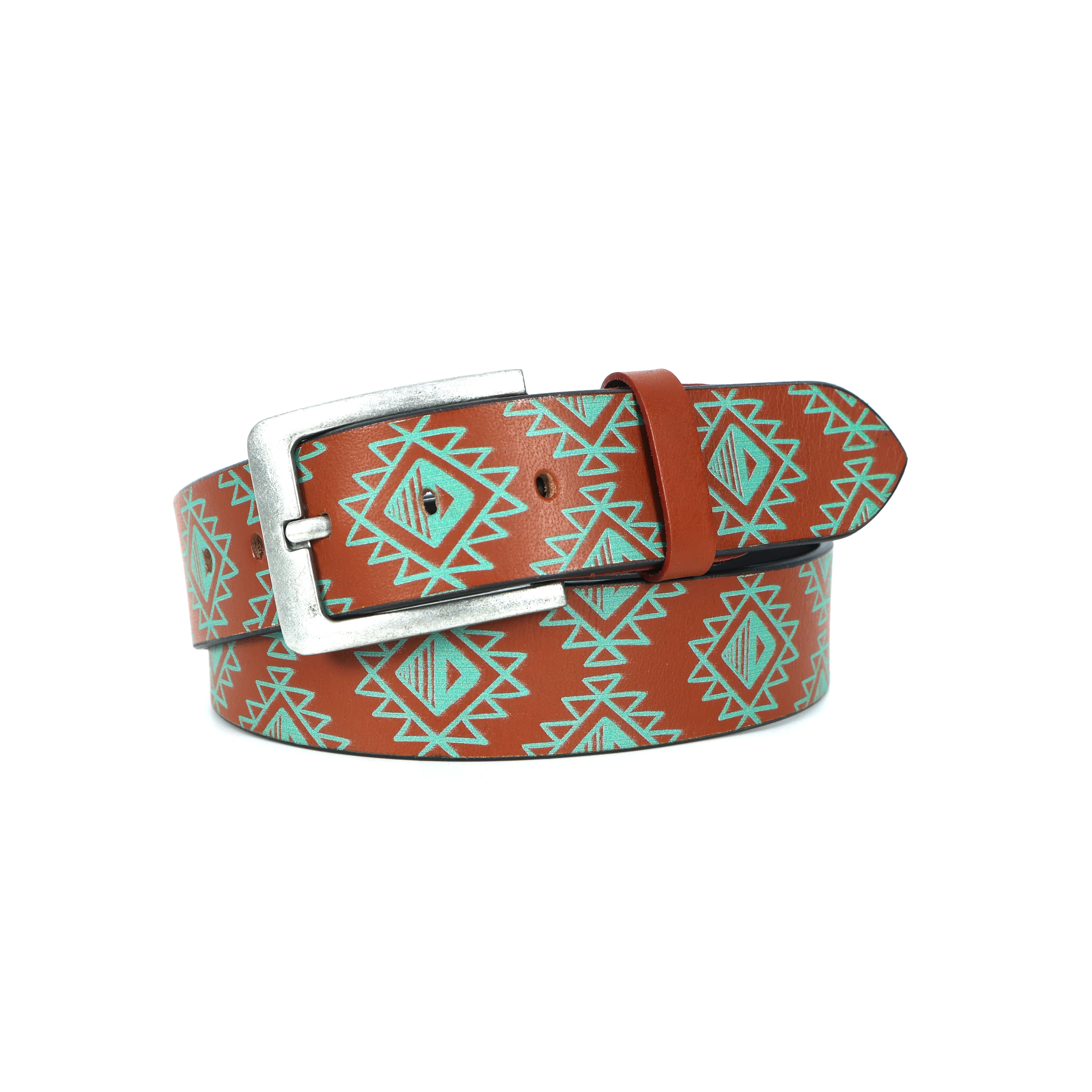 Unisex Geometric Ethnic Printed Leather Belt With Silver Buckle For Casual Wear - Image 5