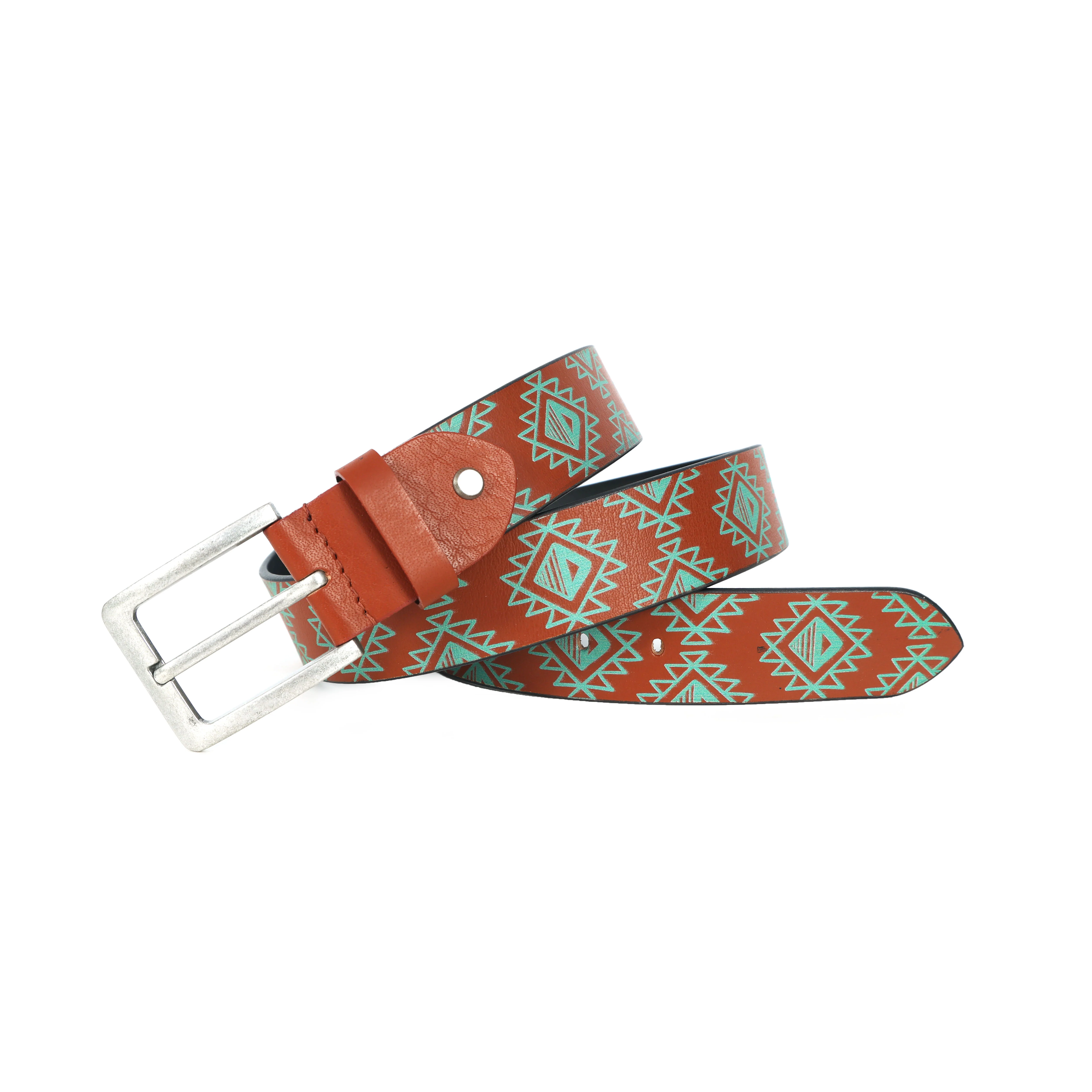 Unisex Geometric Ethnic Printed Leather Belt With Silver Buckle For Casual Wear - Image 6