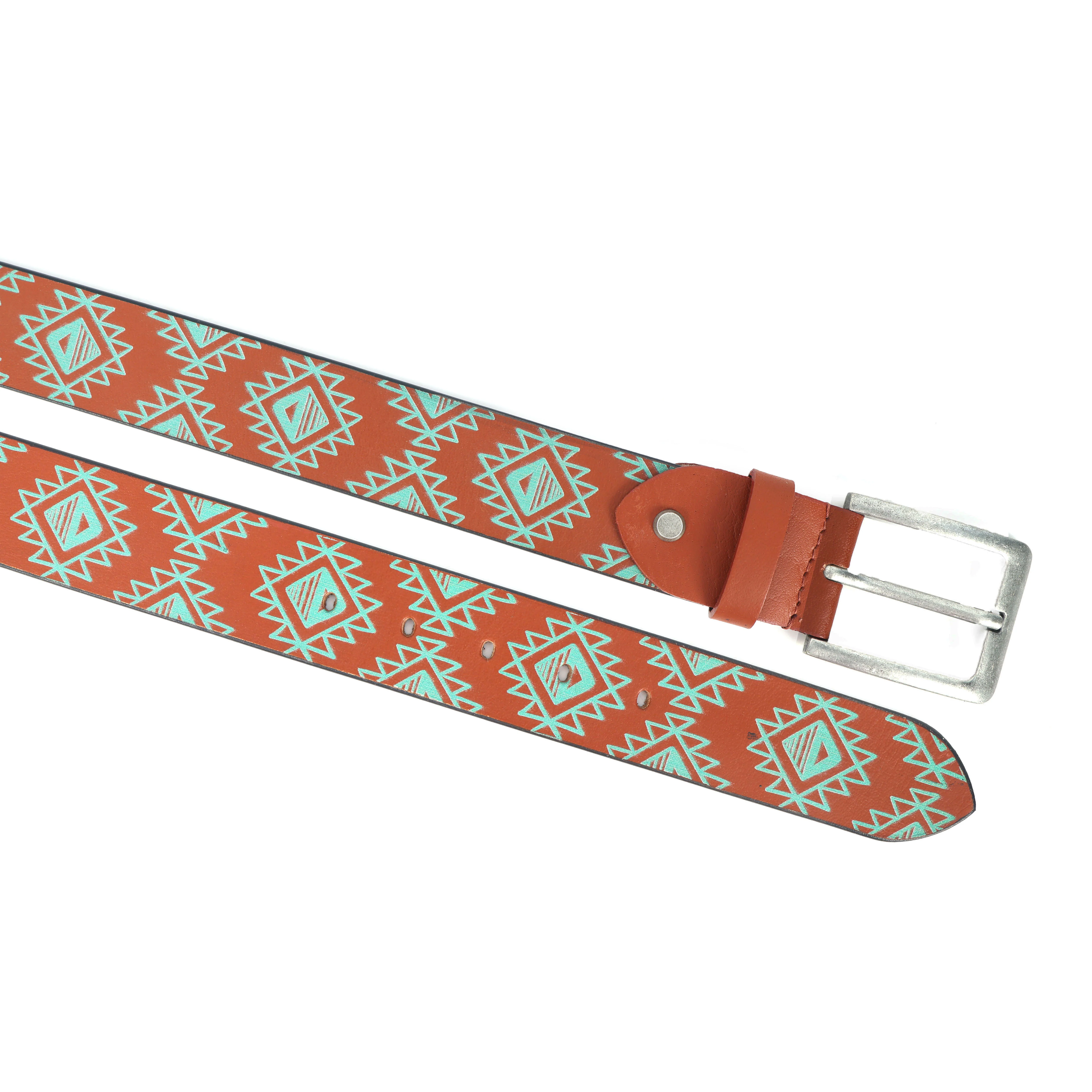 Unisex Geometric Ethnic Printed Leather Belt With Silver Buckle For Casual Wear - Image 7
