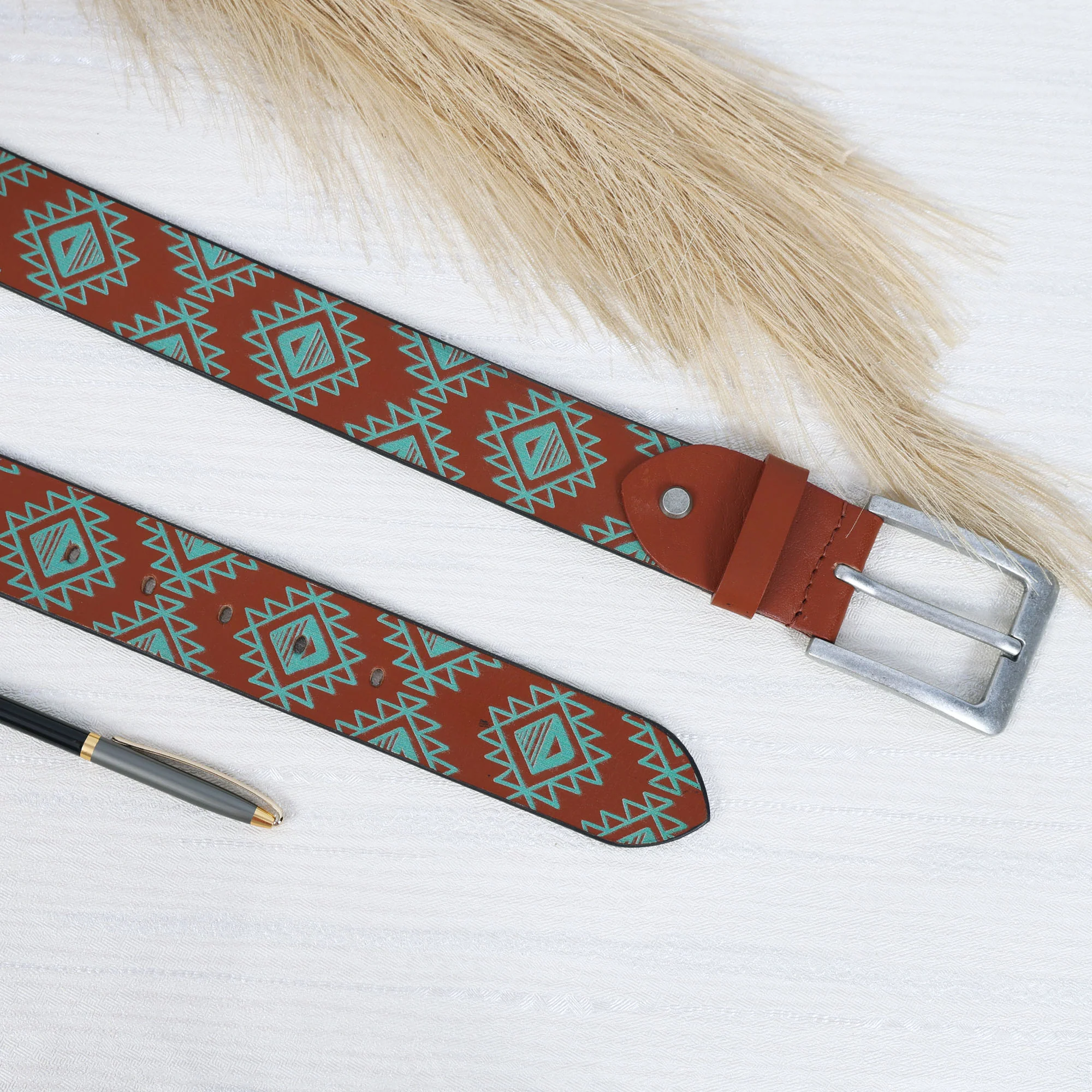 Unisex Geometric Ethnic Printed Leather Belt With Silver Buckle For Casual Wear - Image 8