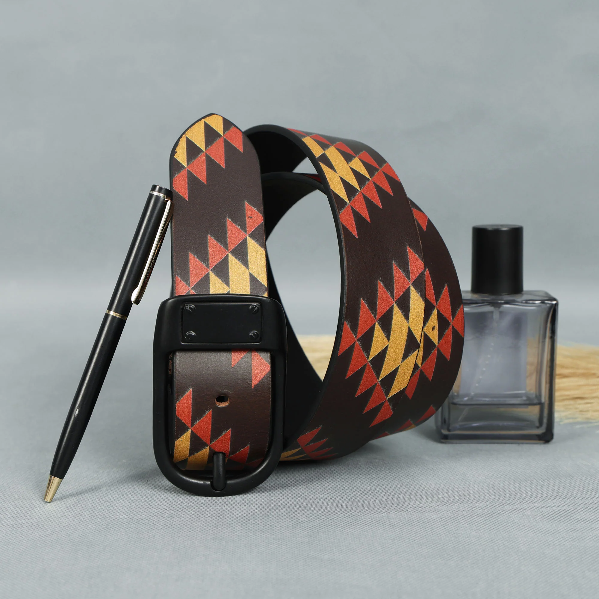 Unisex Geometric Tribal Print Leather Belt With Matte Black Buckle Stylish Casual Wear - Image 2