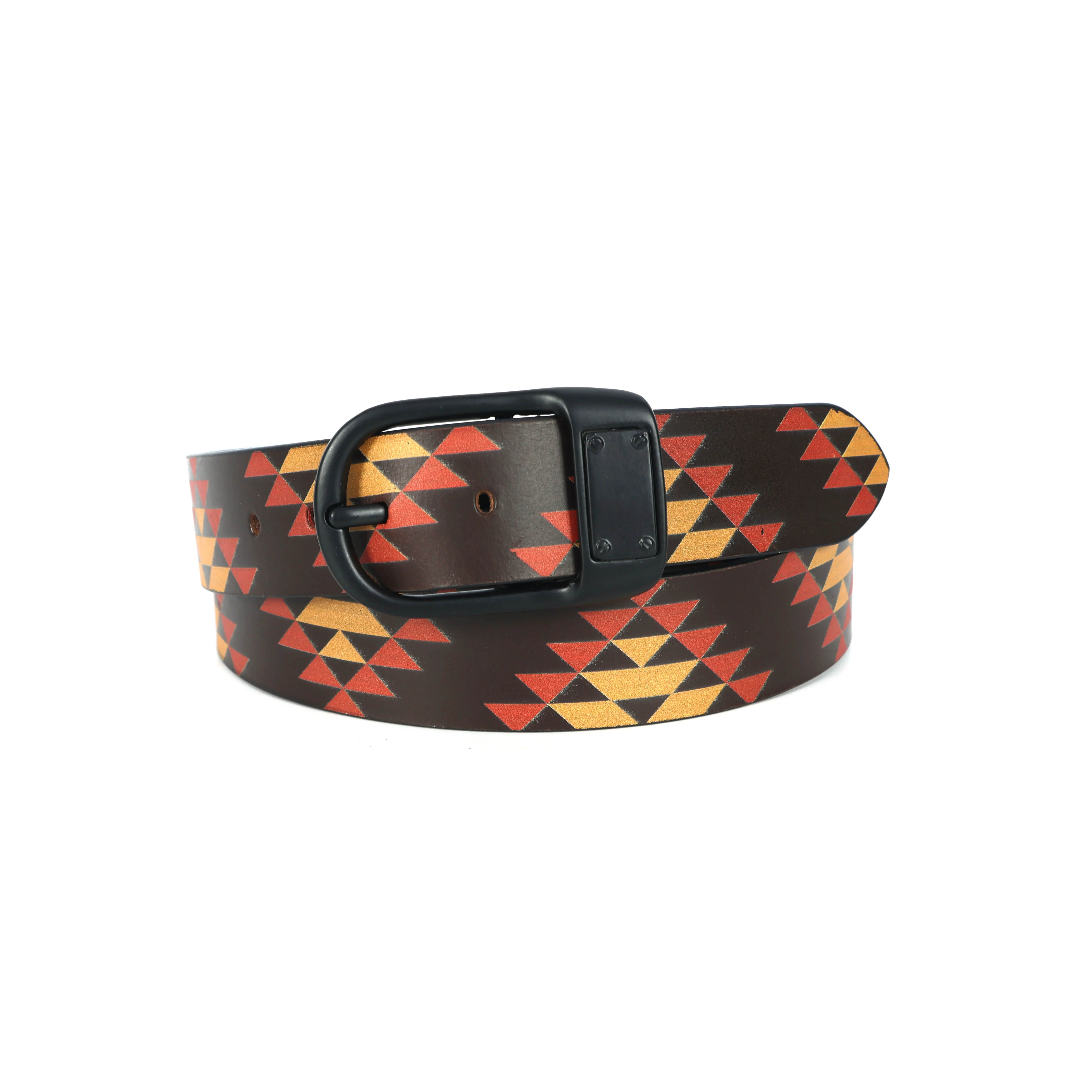 Unisex Geometric Tribal Print Leather Belt With Matte Black Buckle Stylish Casual Wear - Image 5